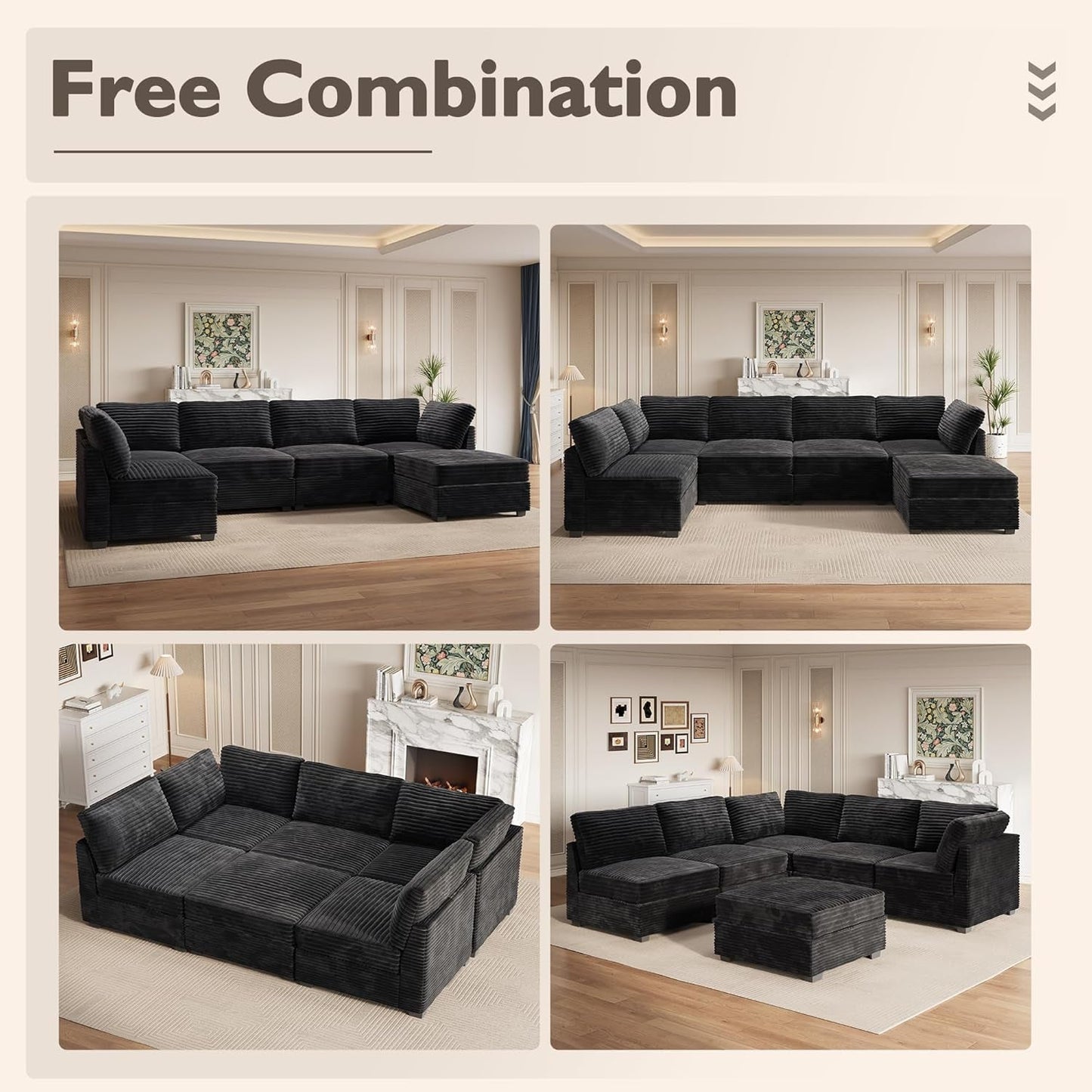 Modular Sectional Sofa Black Corduroy Convertible Sleeper