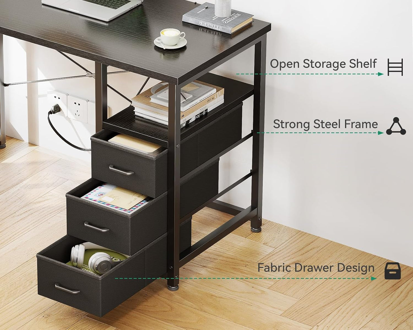 32-Inch Computer Desk With Fabric Drawers And Charging Station Black