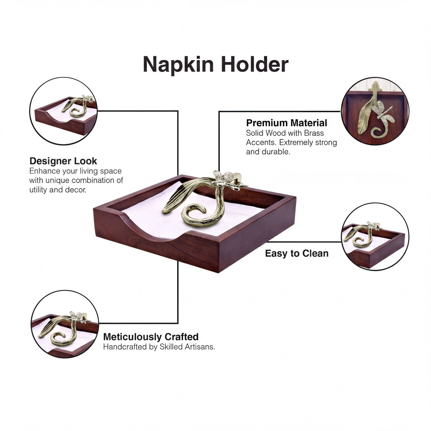 Wooden Napkin Holder - Silver Gold Metal Finish Ornament with Weighted Arm