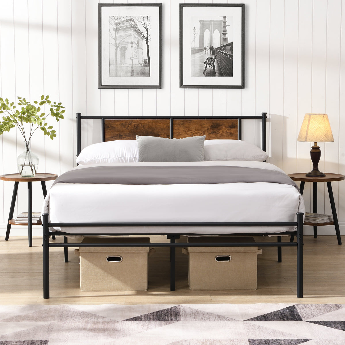 California King Bed Frame with Wood Panel Decoration
