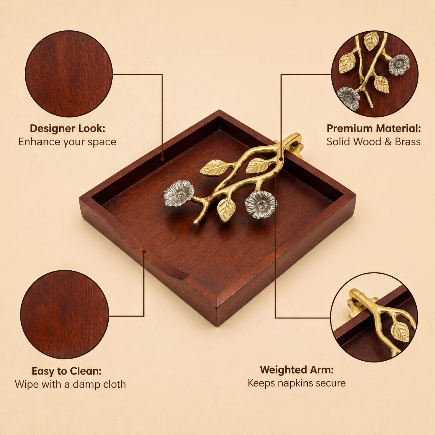 Wooden Napkin Holder – Decorative Metal Arm | Silver Gold Ornament, Weighted Pivot