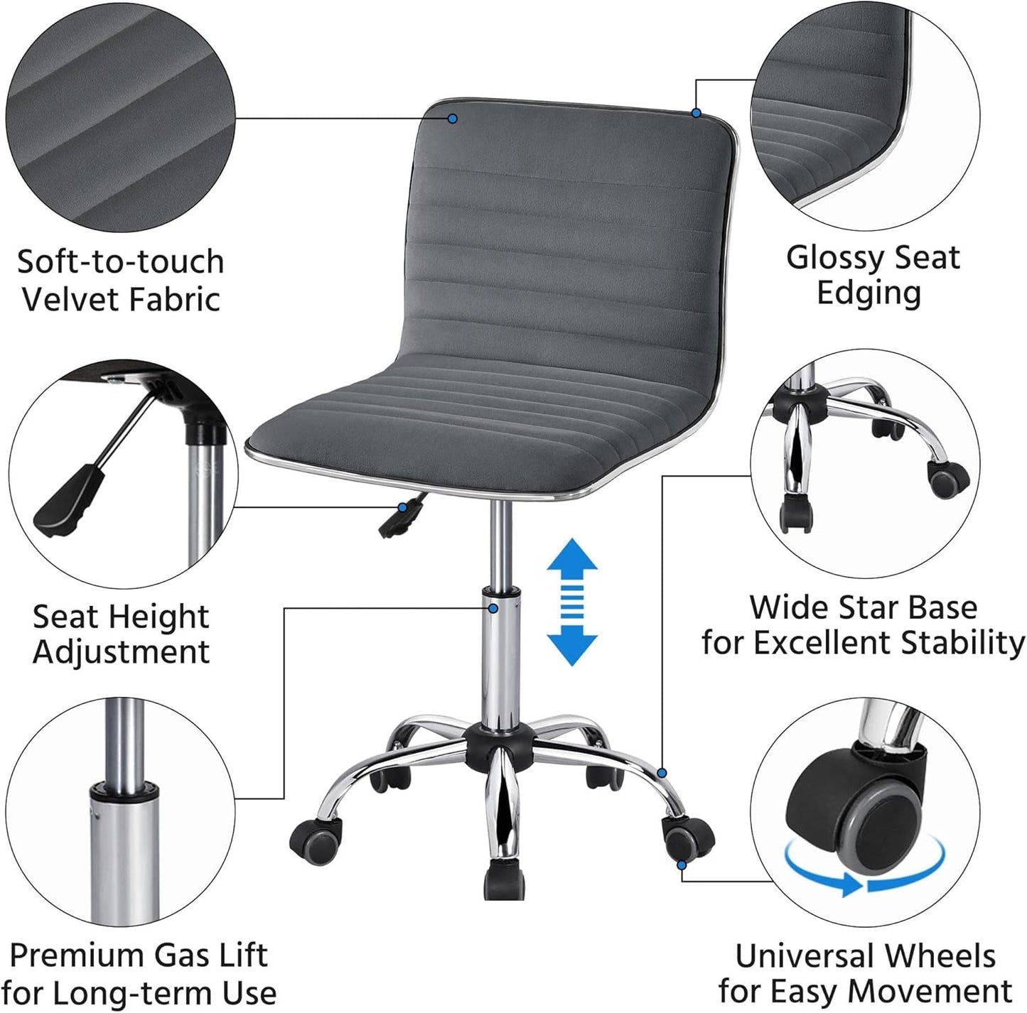 Dark Gray Velvet Armless Swivel Chair Height Adjustable