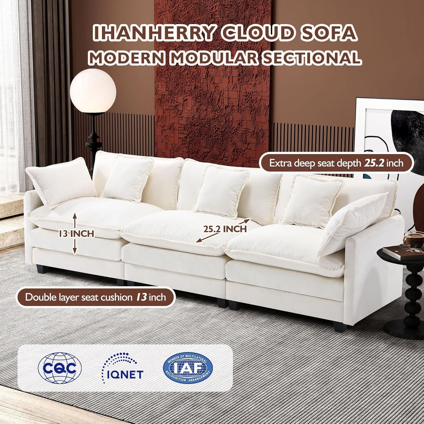 111.4 Inch 3 Seater Cloud Sofa Modular Sectional Couch Beige With Breathable Chenille Fabric