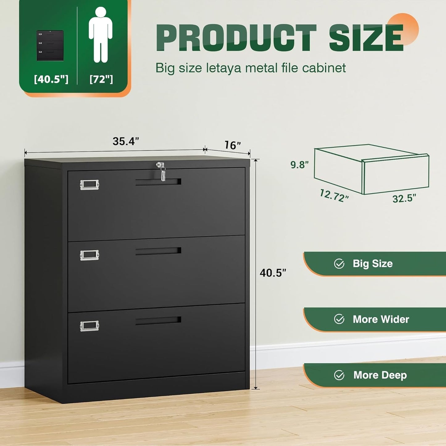 Lateral 3 Drawer File Cabinet With Lock Black Office