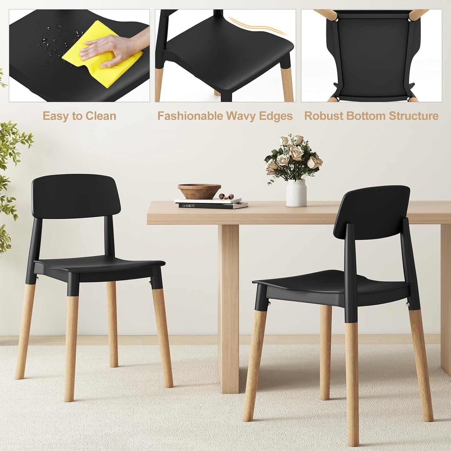 Wooden Dining Chairs Set of 4 Black Ergonomic Backrest