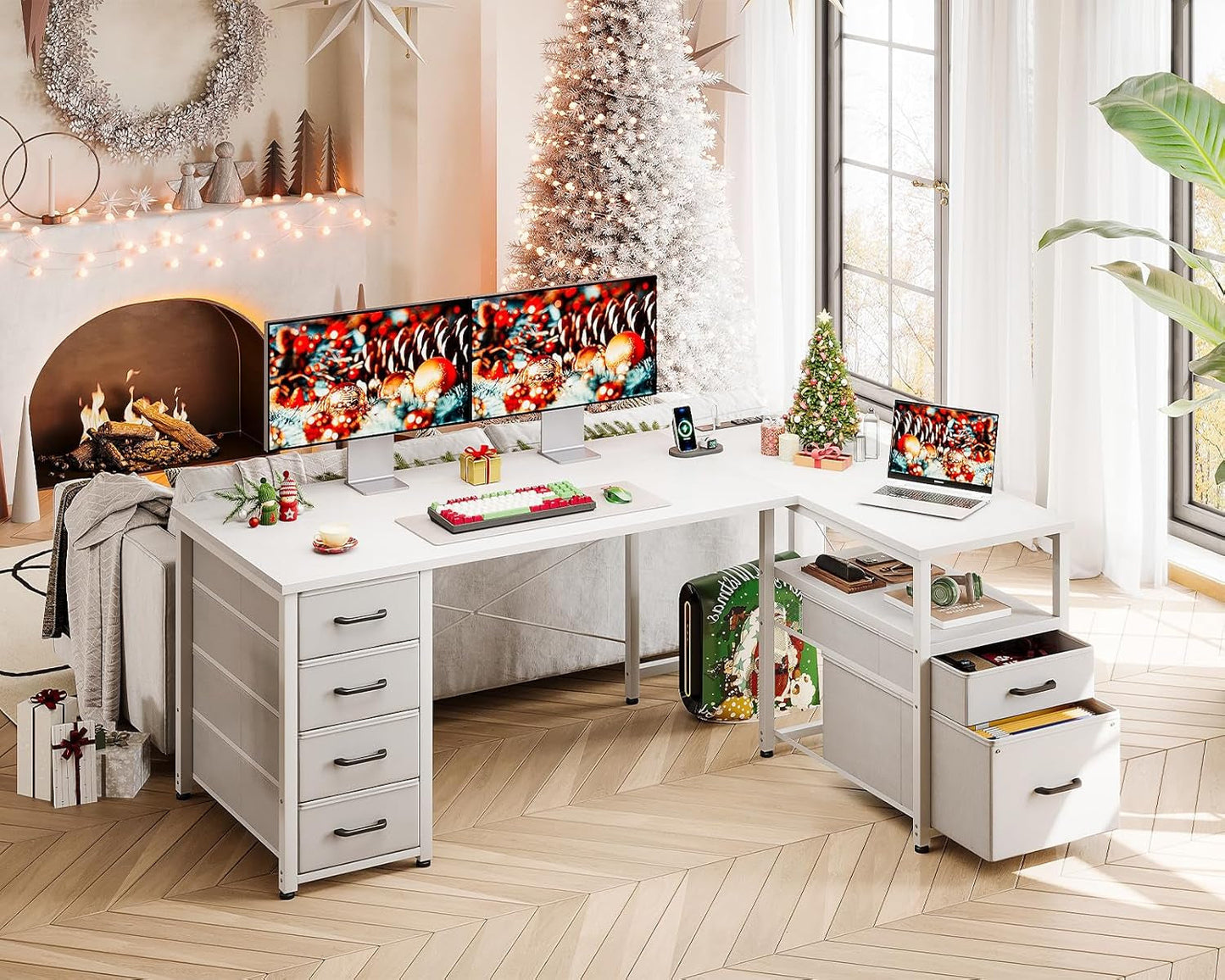 L Shaped Computer Desk 6 Drawers Power Outlet 55In White