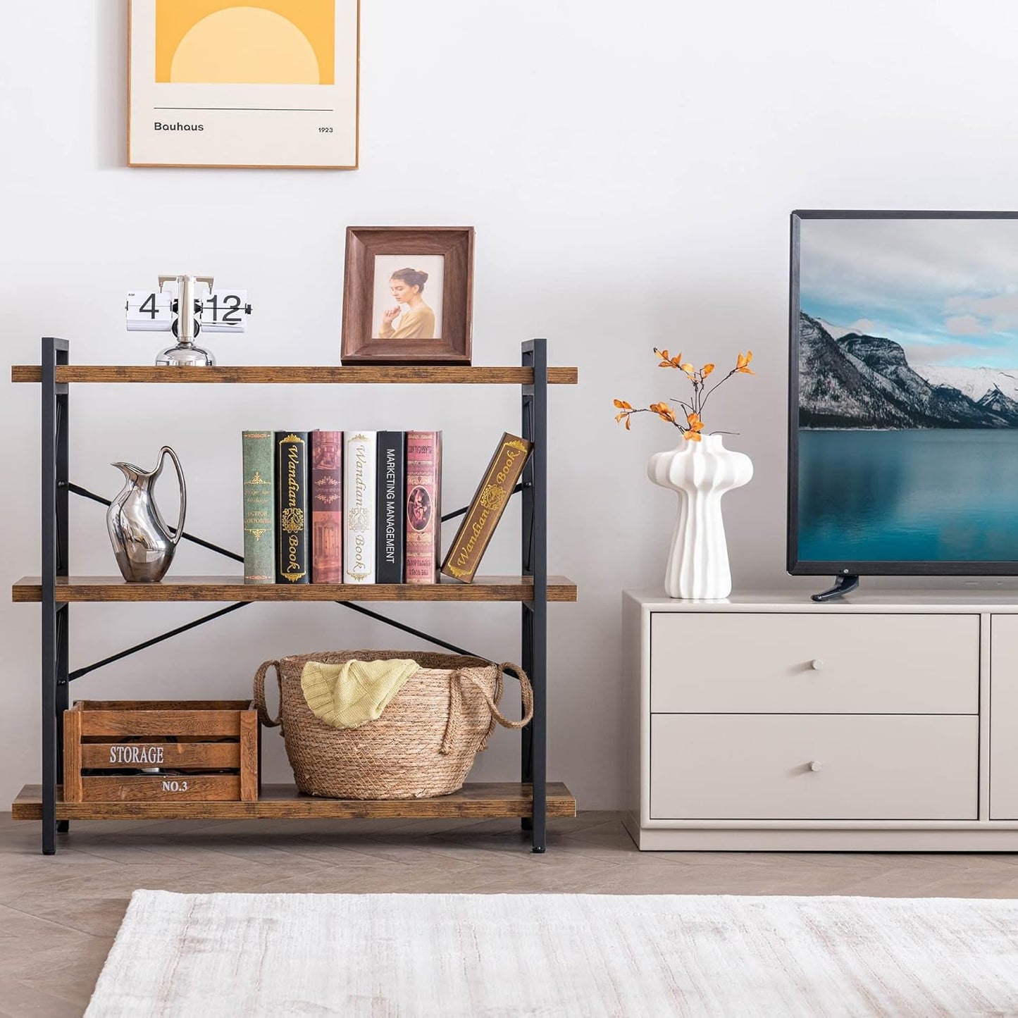 3 Tier Industrial Bookshelf Rustic Wood And Metal Open