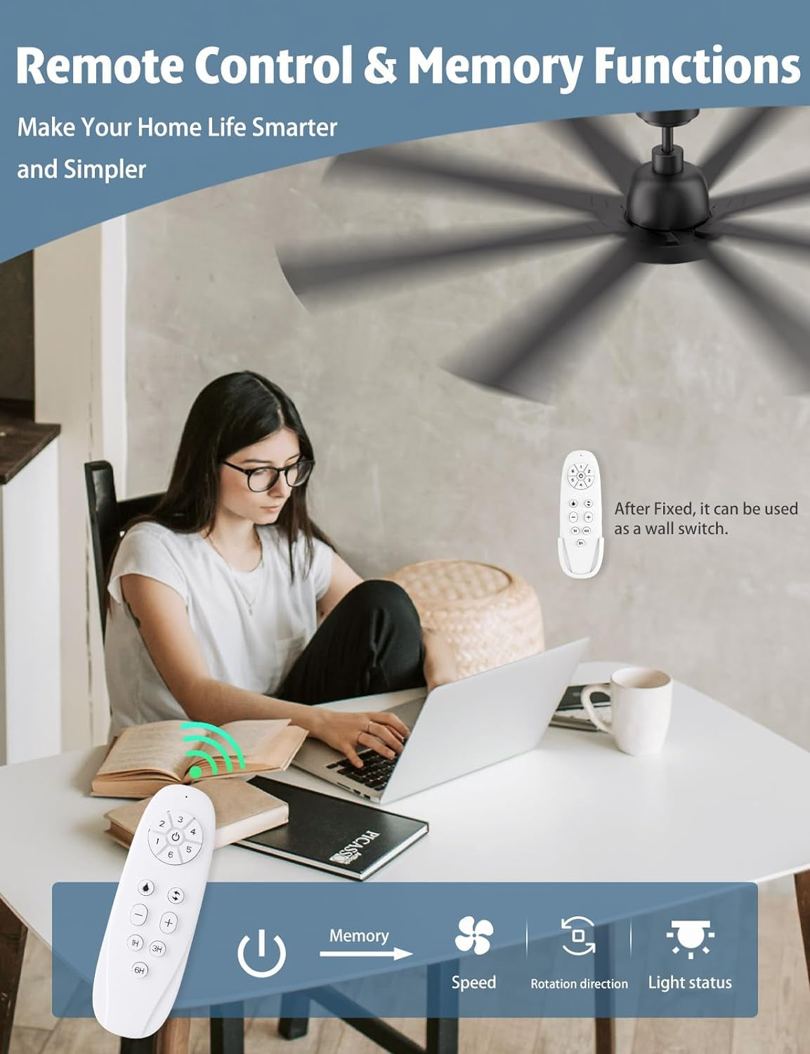 Remote control and memory functions for 62 Inch Ceiling Fan With Remote Matte Black Wood Finish in modern home setting.
