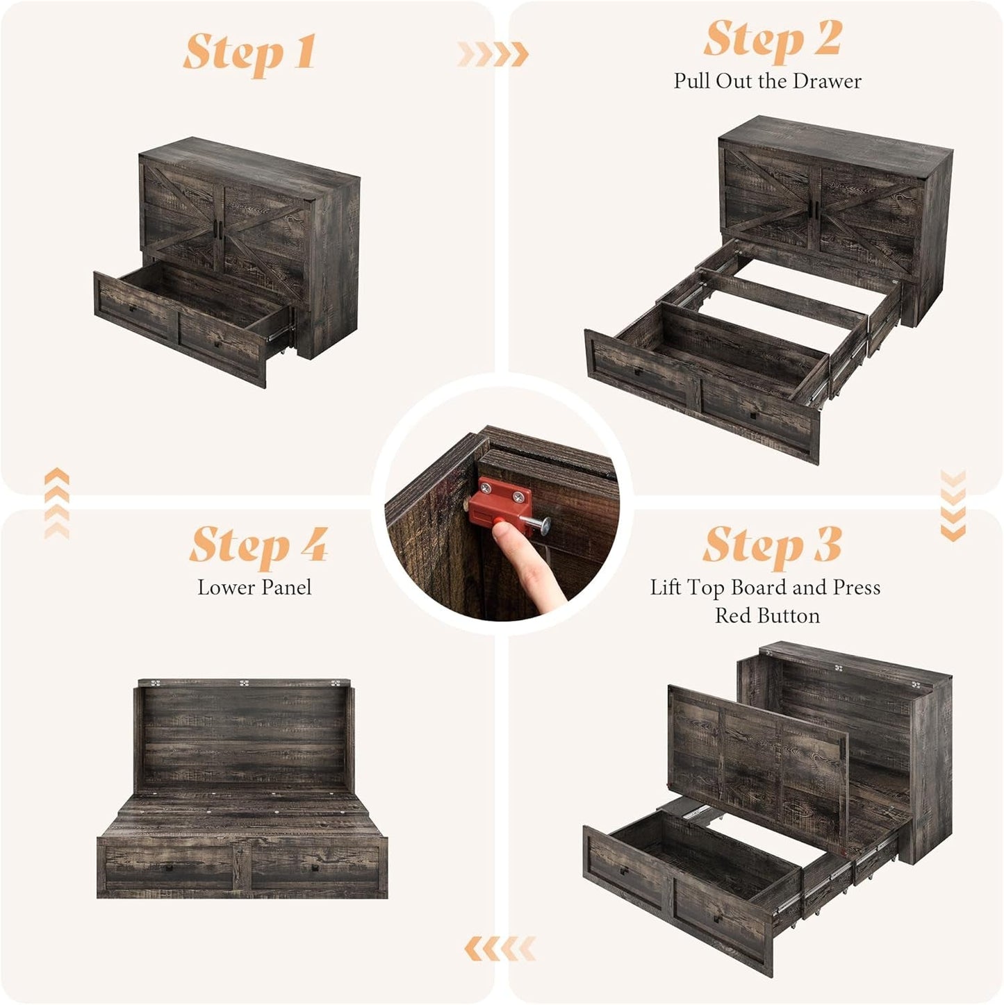 Black Oak Murphy Bed Cabinet With USB Charging Station Queen Size