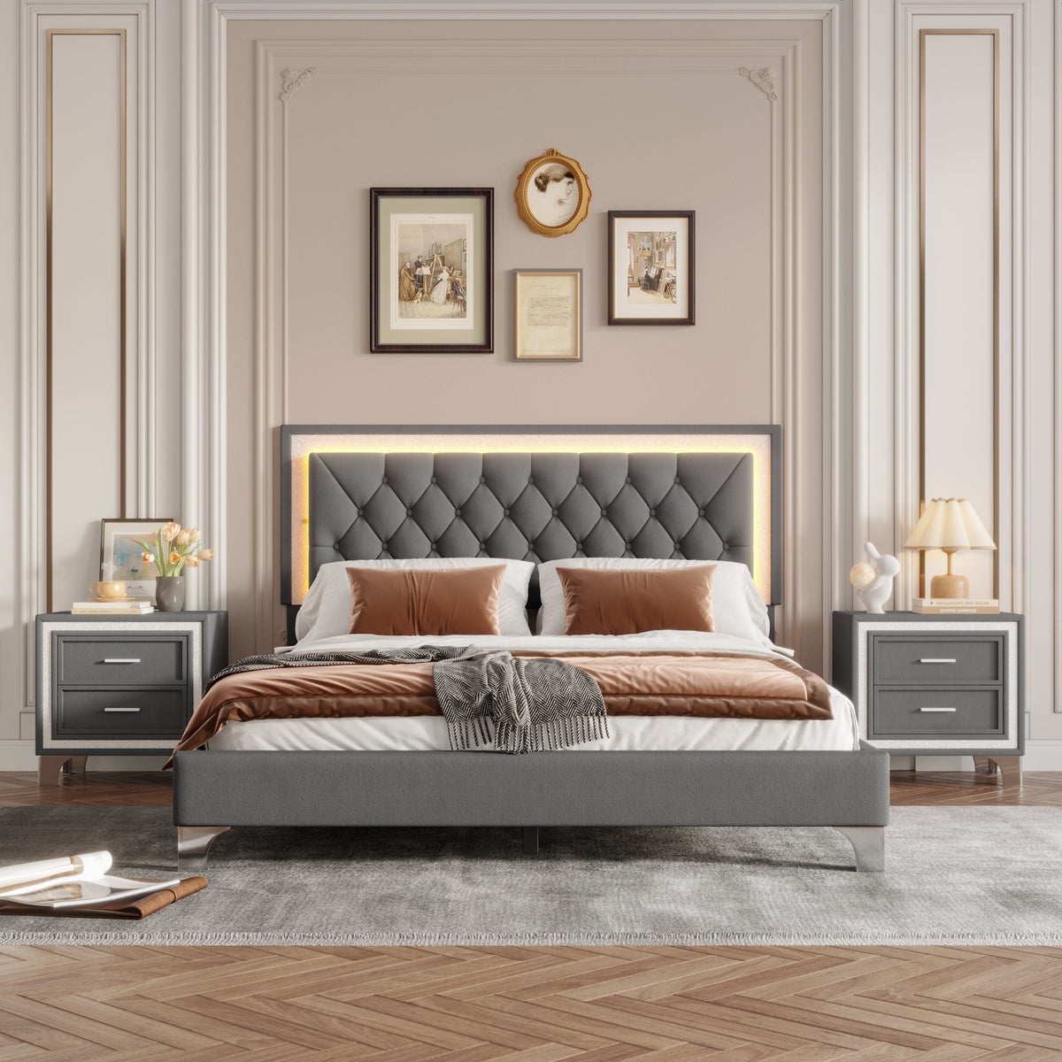 3-Pieces Bedroom Set - Queen Size Upholstered Platform Bed with LED Lights