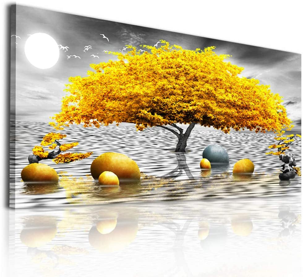 Stunning Abstract Black and White Canvas Art with Vibrant Yellow Tree - Perfect Wall Decor for Living Room, Bedroom, and Office