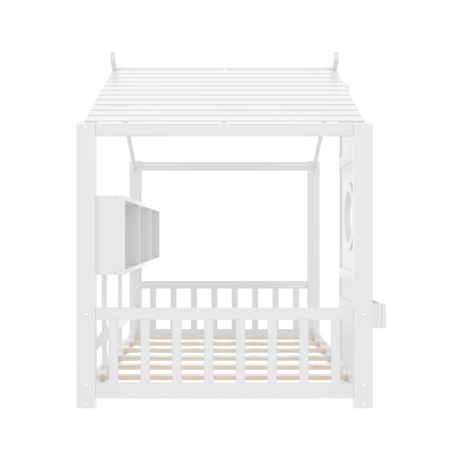 Twin Size Floor House Bed for Toddler, Kids Montessori Bed  with Storage Shelf, Playhouse Bed with Roof Design, White