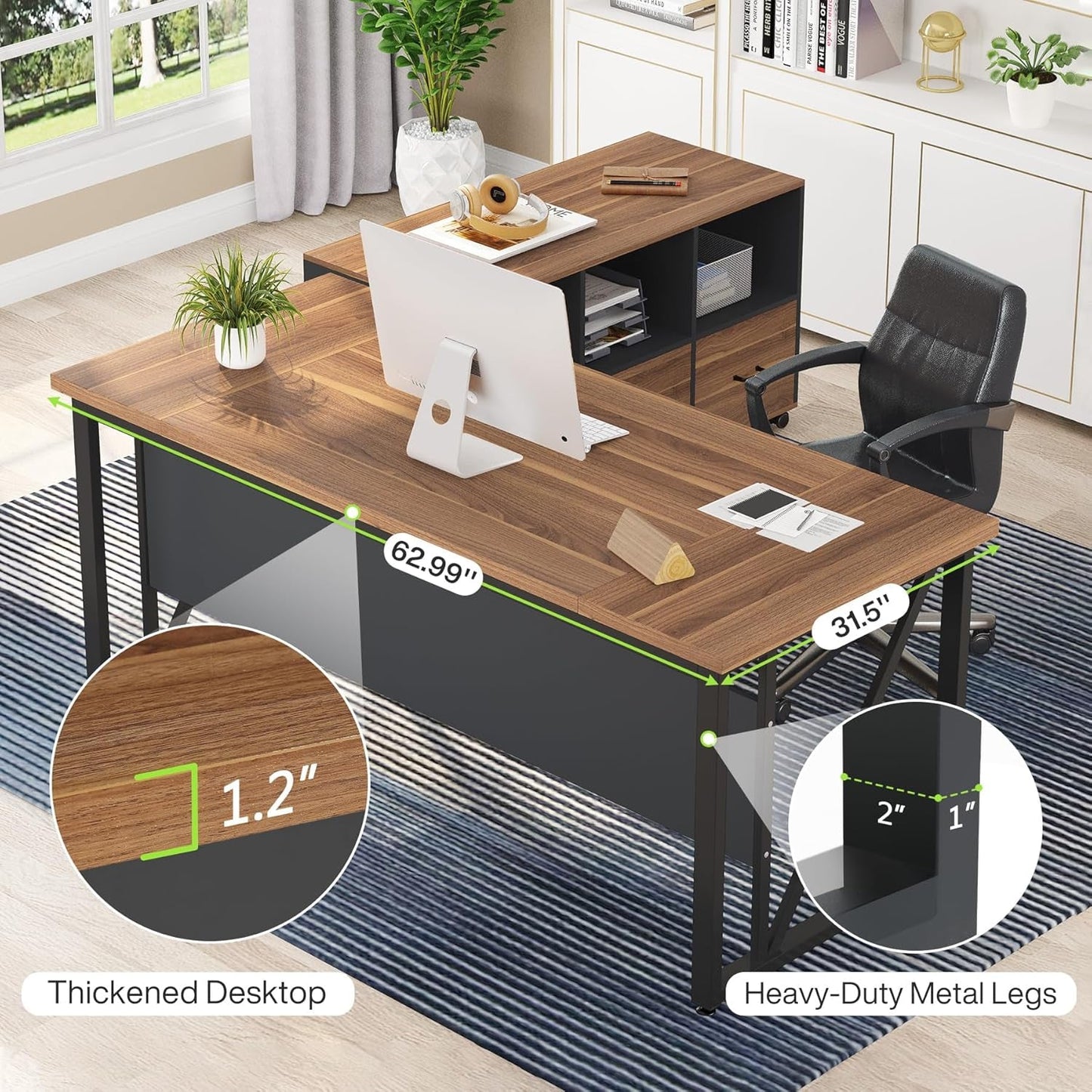 63 Inch L Shaped Desk With 47 Inch File Cabinet Brown Black