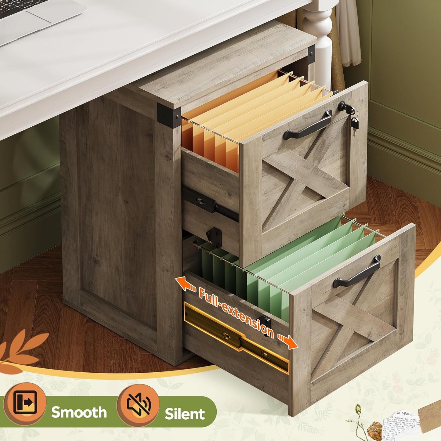 2 Drawer File Cabinet With Lock Gray Oak Farmhouse Home Office Printer Stand Fits Letter A4