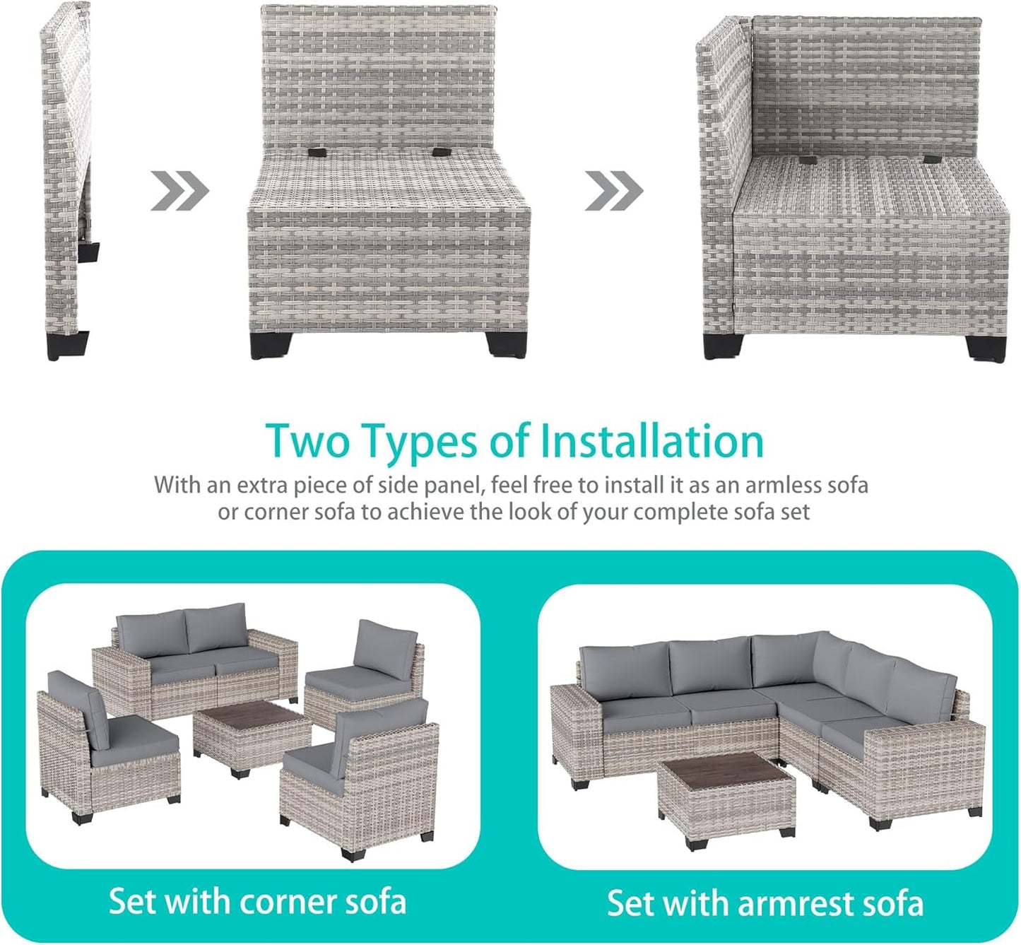6-Piece Outdoor Wicker Patio Set With Grey Cushions installation options shown with corner and armrest sofas.