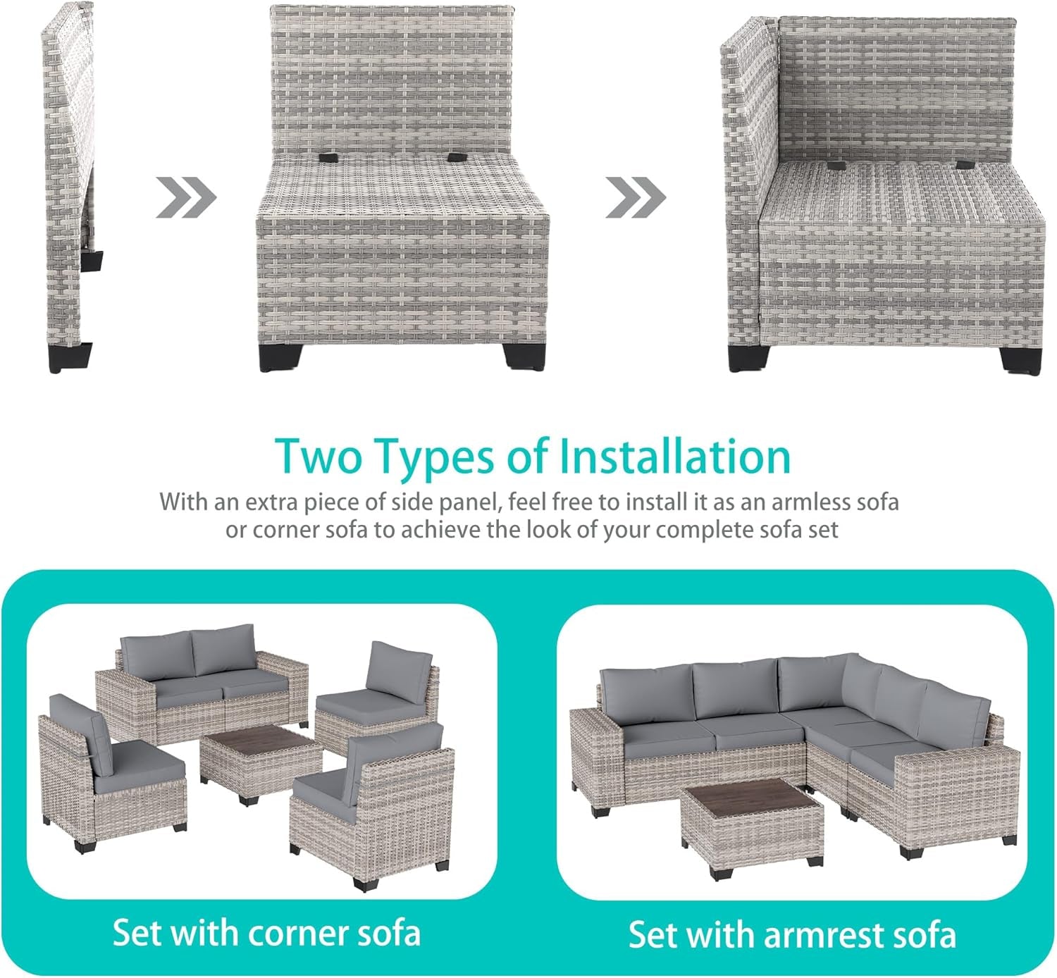 6-Piece Outdoor Wicker Patio Set With Grey Cushions installation options shown with corner and armrest sofas.