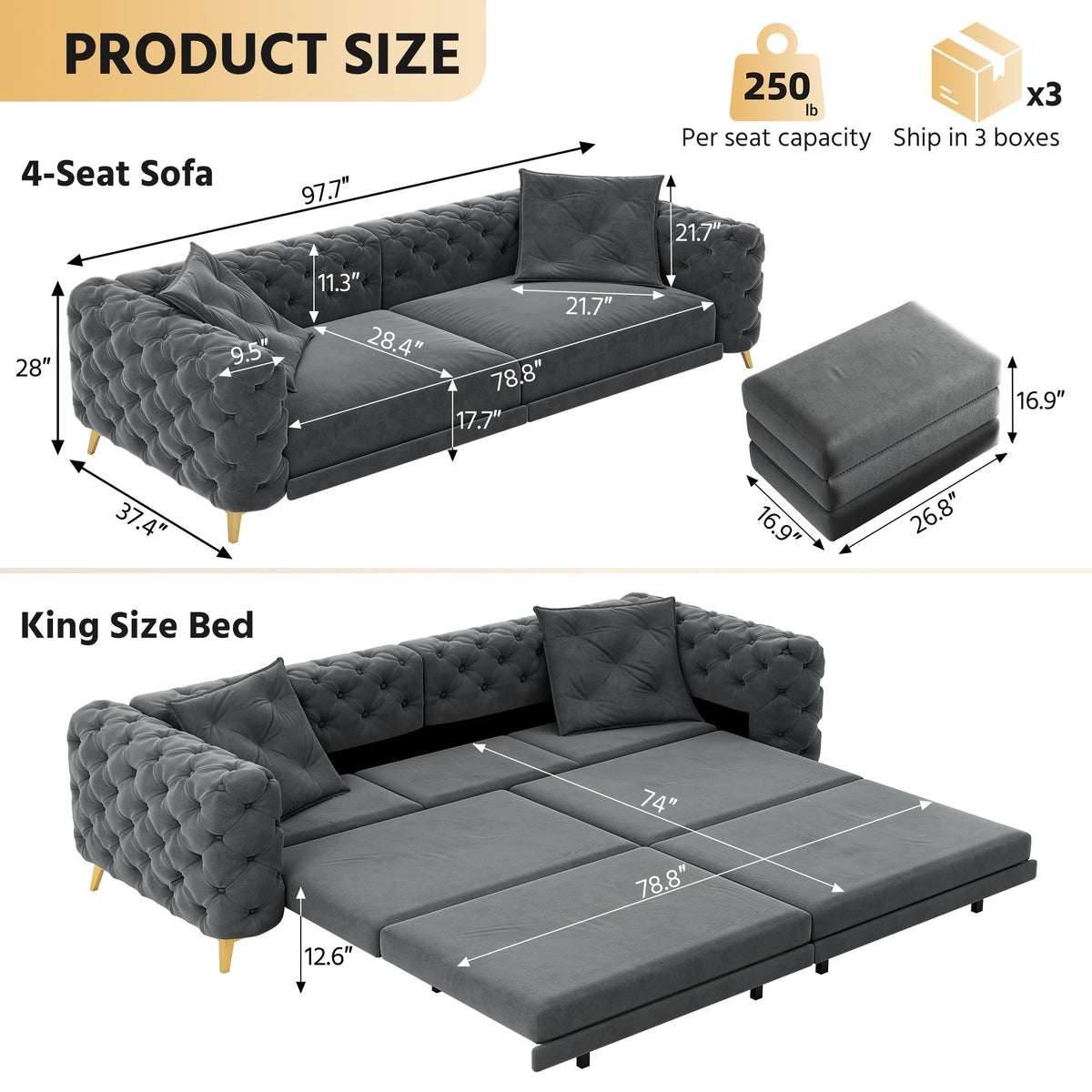 3-in-1 Convertible Sleeper Sofa with Movable Ottoman