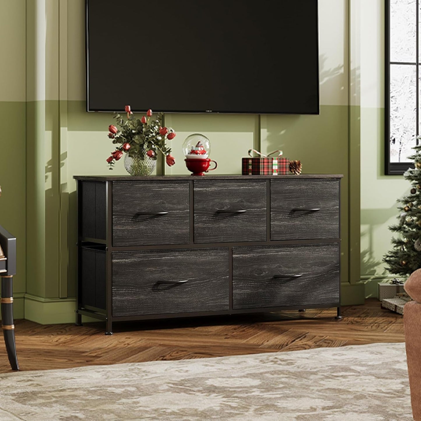 Charcoal Black Wood Grain Dresser With 5 Drawers And Fabric Bins