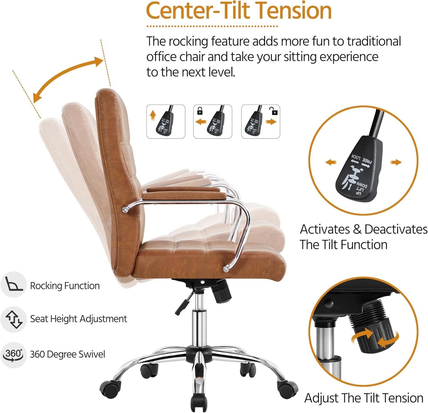 Mid Back Office Chair With Arms Brown Height Adjustable
