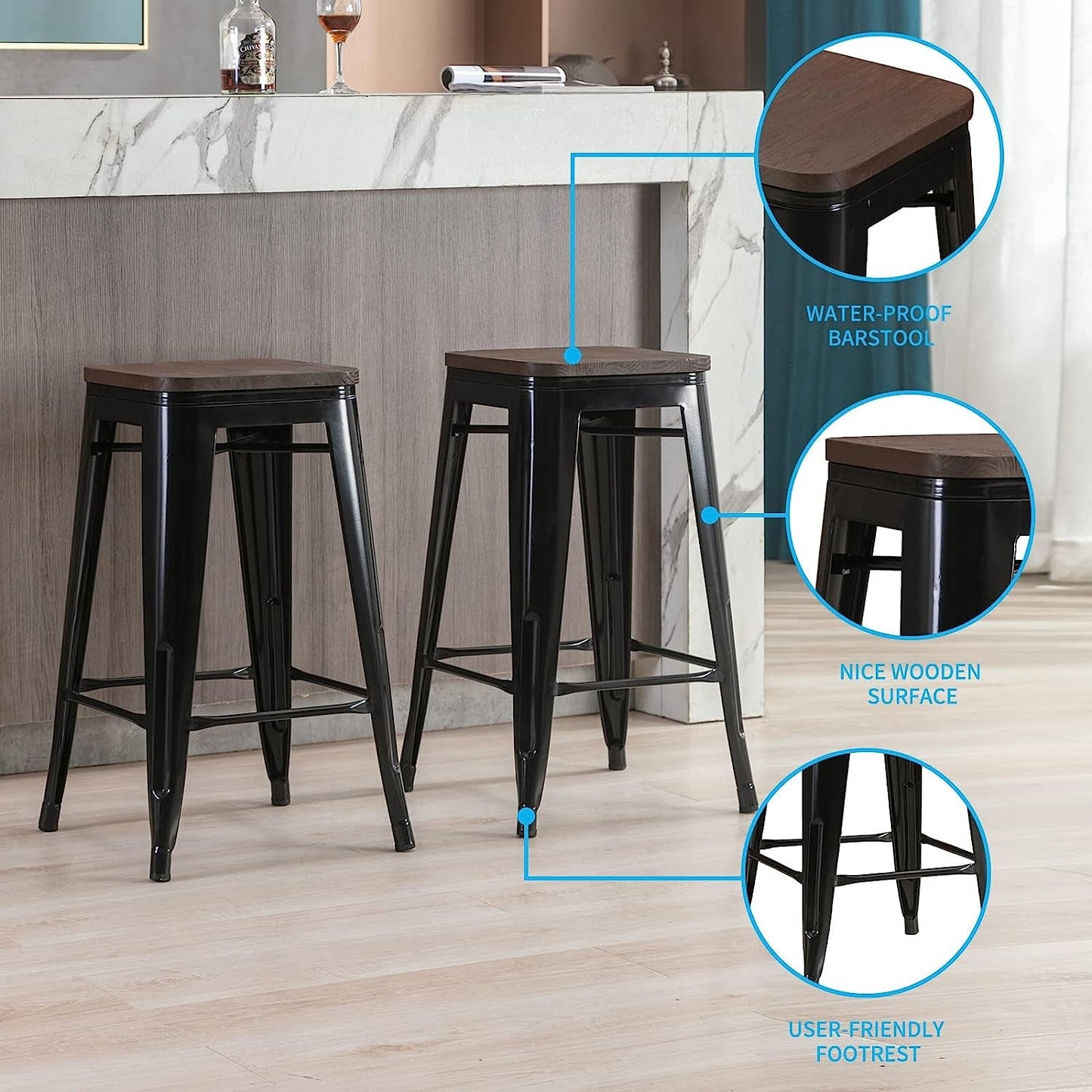 Square Metal Bar Stool Set Of 2 Stackable 330 Lb. Capacity with waterproof design and wooden surface.