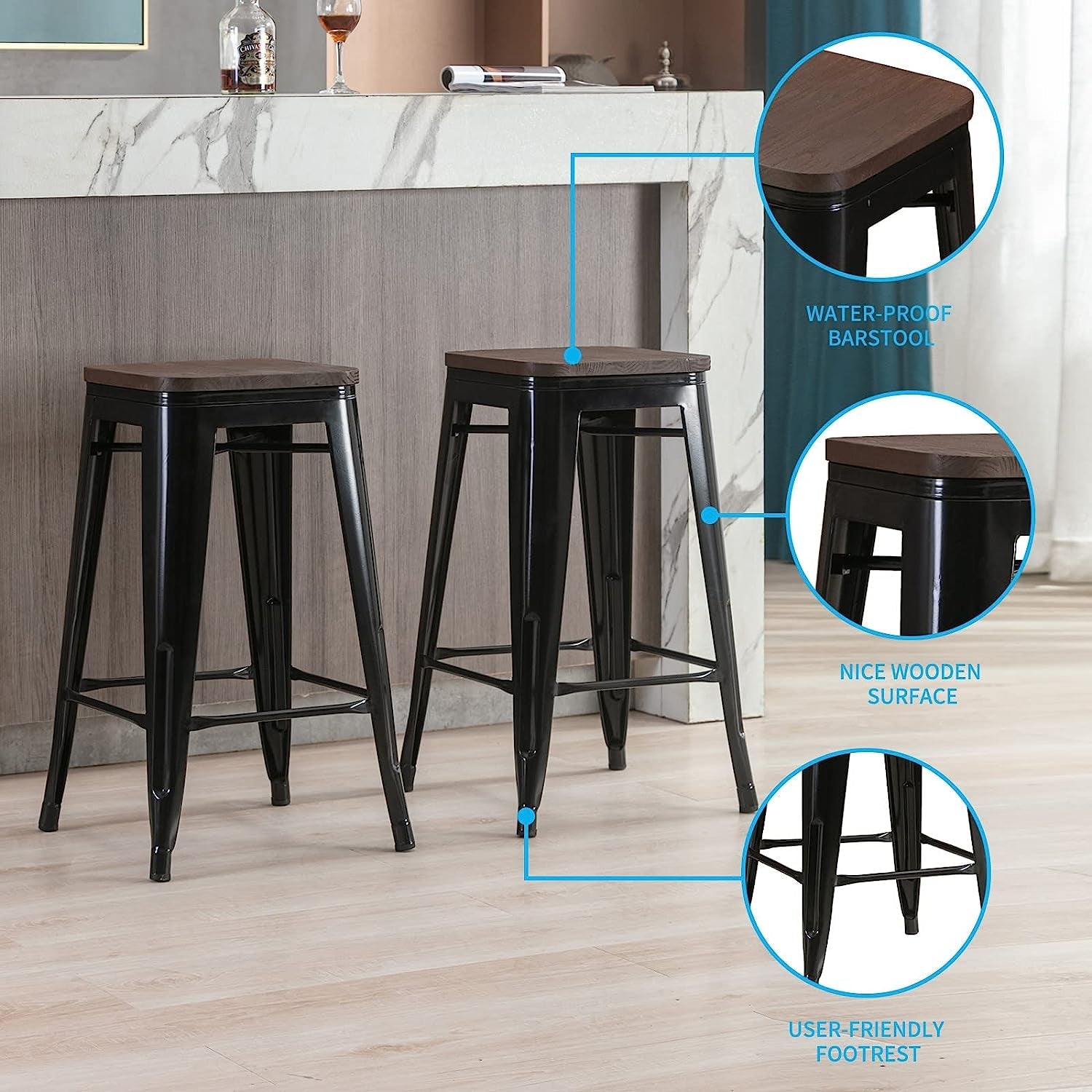 Square Metal Bar Stool Set Of 2 Stackable 330 Lb. Capacity with waterproof design and wooden surface.
