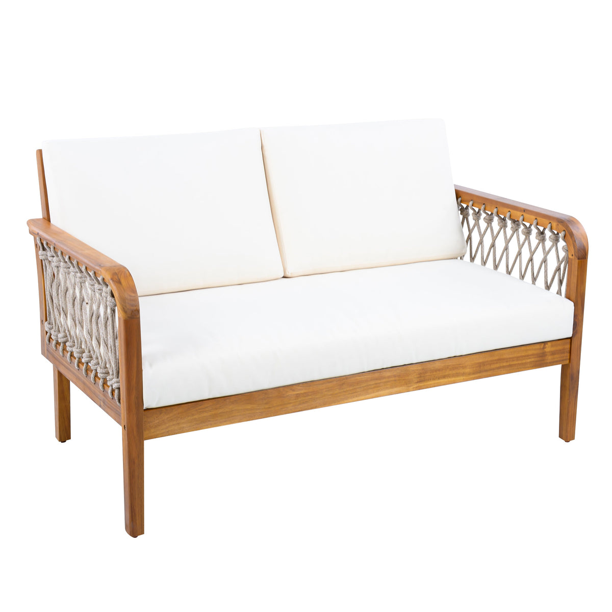 Outdoor Acacia Wood Loveseat & Coffee Table Set with Handwoven Rope