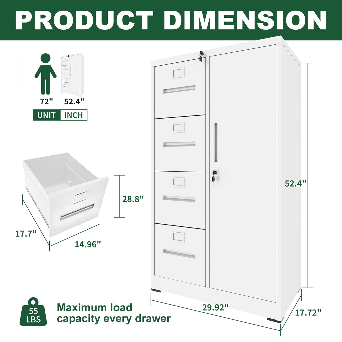 Metal Storage Vertical Filing Cabinet with Lock - White
