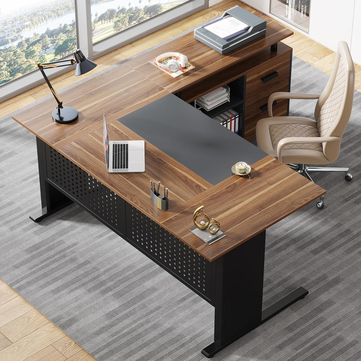 63" L-Shaped Executive Desk with File Cabinet