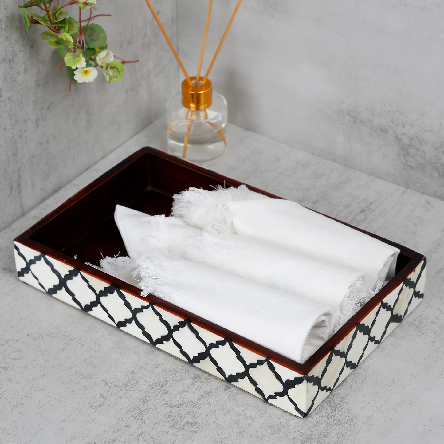 Vanity Trays Moroccan Pattern Bone & Resin inlay, Black & White, 10" x 6"
