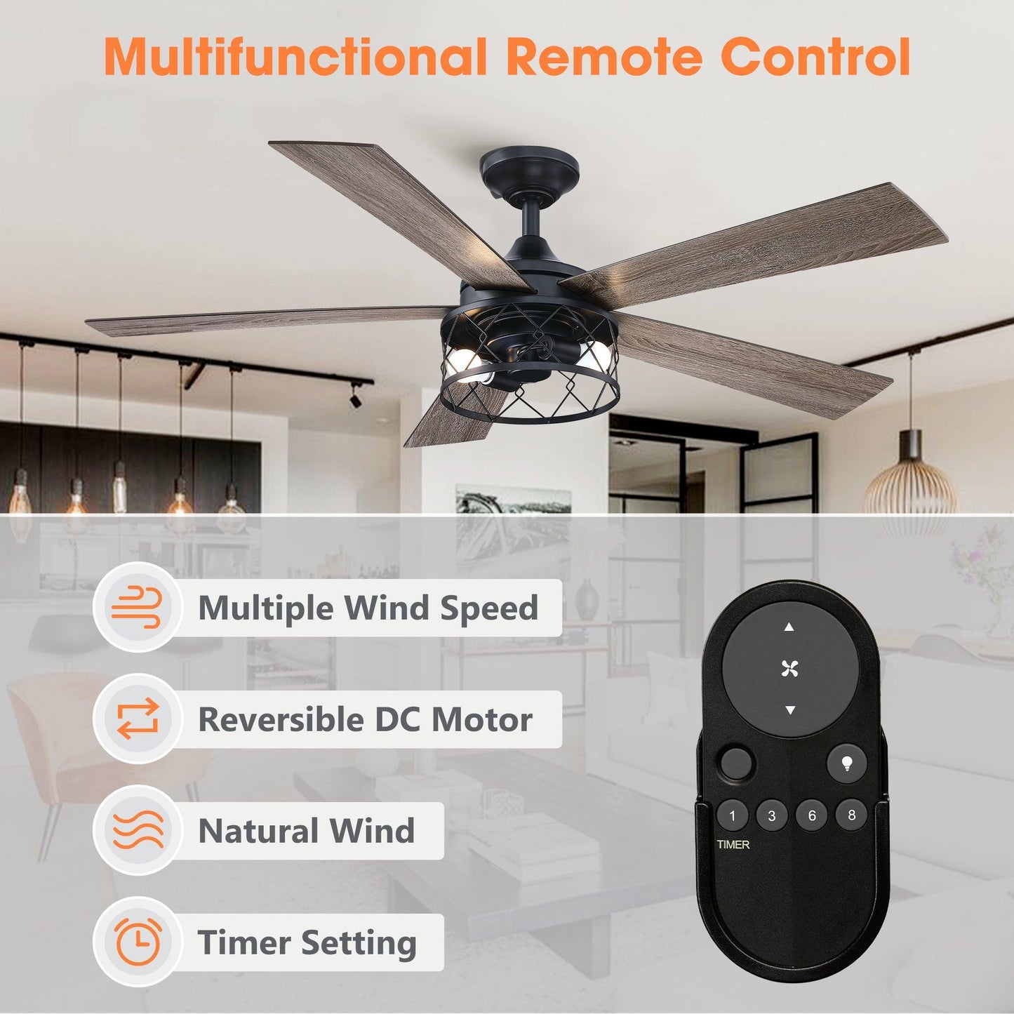 52" Windmill Modern DC Motor Downrod Mount Reversible Ceiling Fan With Lighting And Remote Control