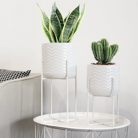 Set of 2 Planters With Stand 17&12" Tall Flower Pots Bright White with stylish plants on white stands