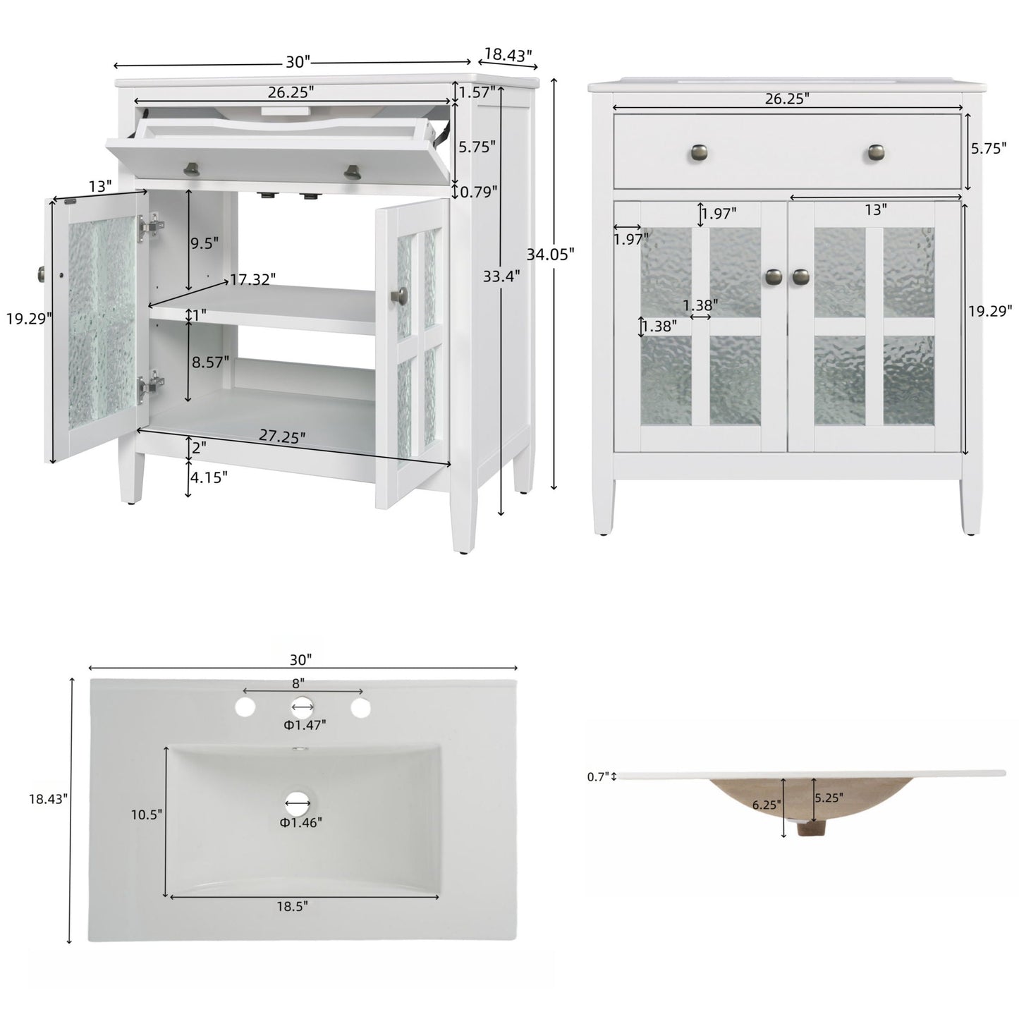Bathroom Vanity With Ceramic Sink, Adjustable Shelf & Tip Out Tray