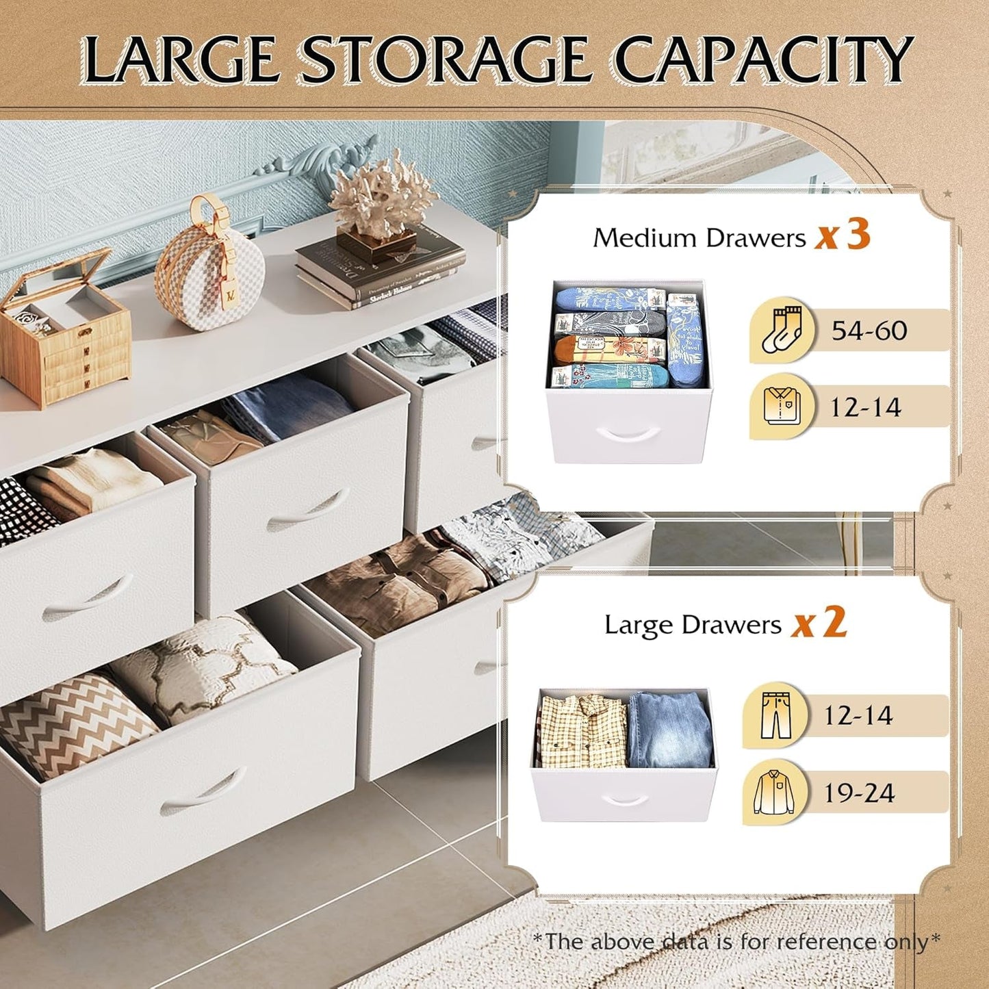 White TexturedFabric Dresser With Five Deep Drawers