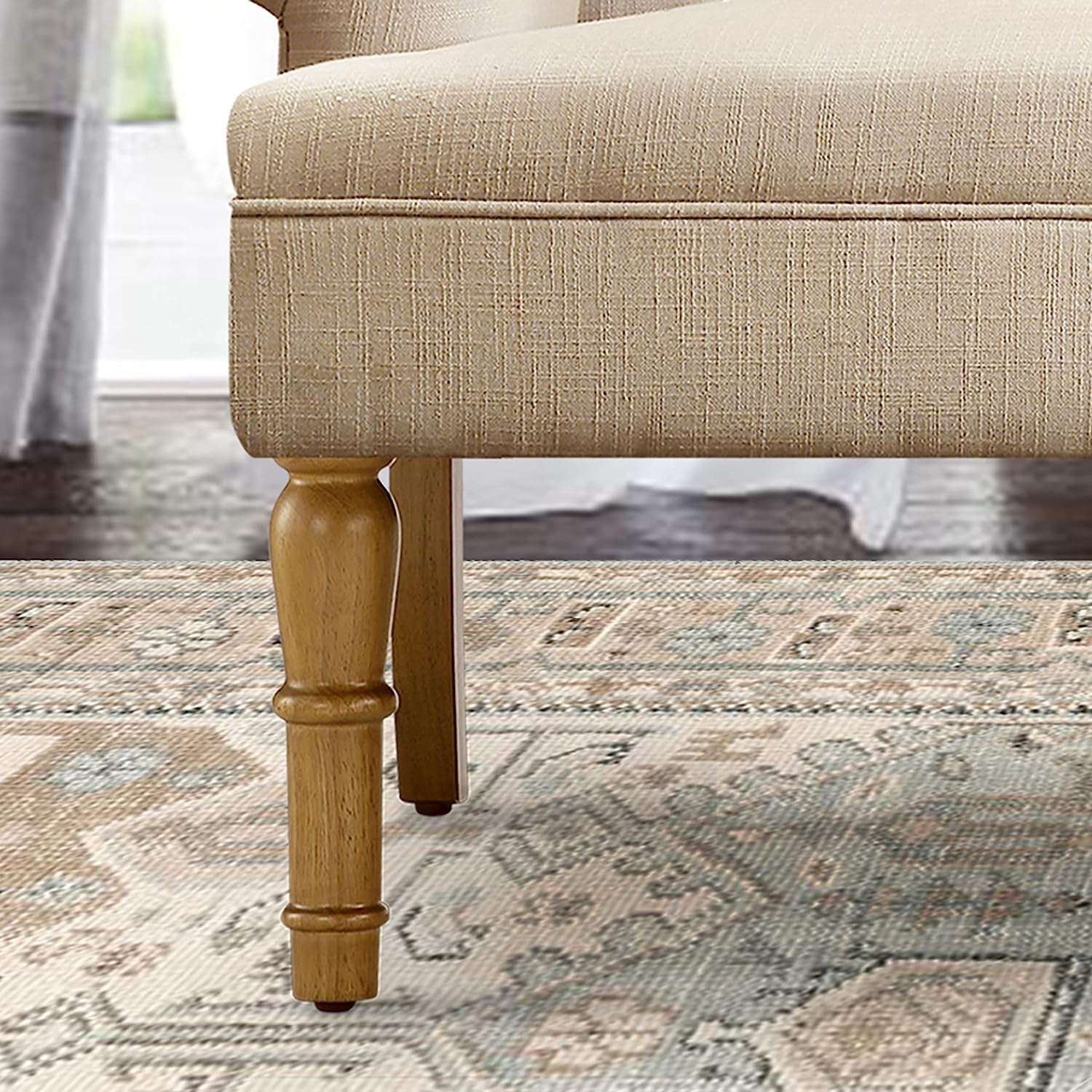 Warm Beige Tufted Linen Love Seat For Small Spaces showing elegant wooden leg detail.