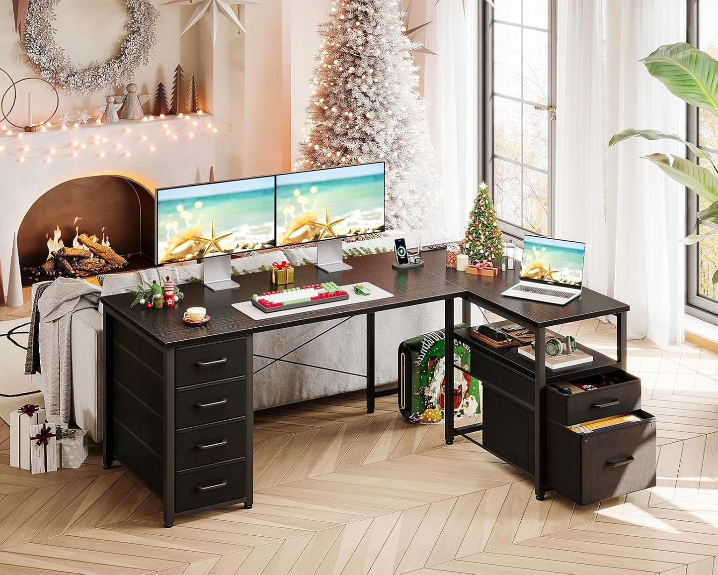 L Shaped Computer Desk 55 Inch With 6 Drawers Home Office