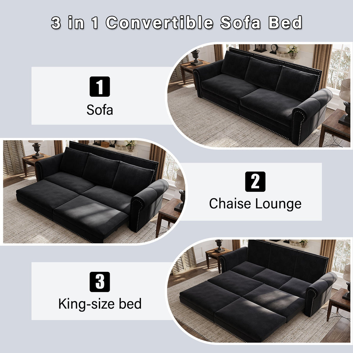 Chesterfield Sofa Bed – 3-in-1 Velvet Convertible Sleeper