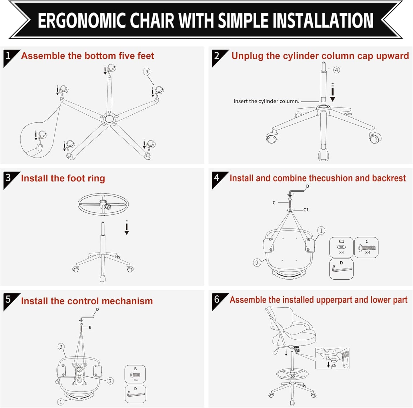 Ergonomic Drafting Chair With Lumbar Support And Foot Ring Black