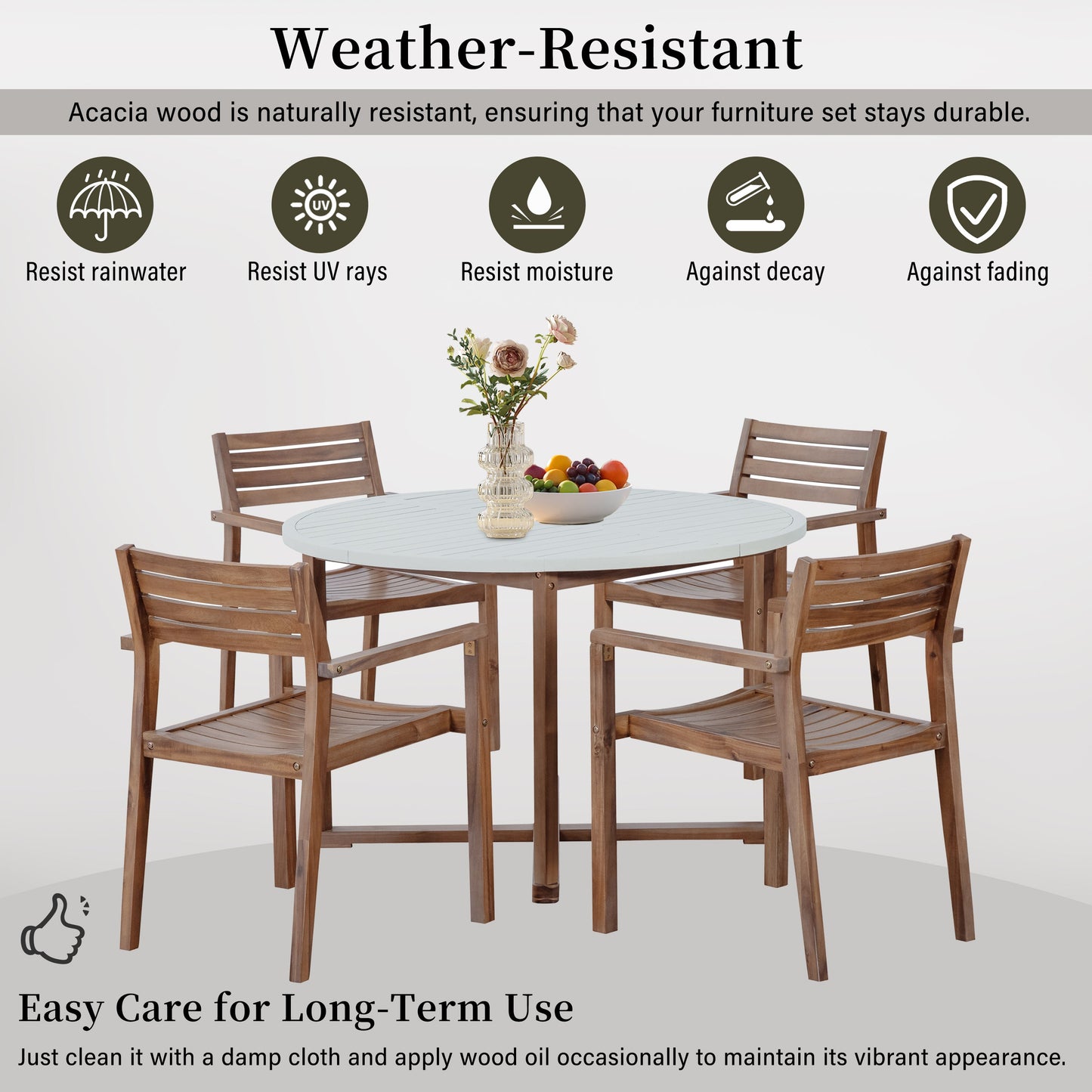 U-Style 5-Piece Outdoor Dining Set with 4 Acacia Wood Chairs
