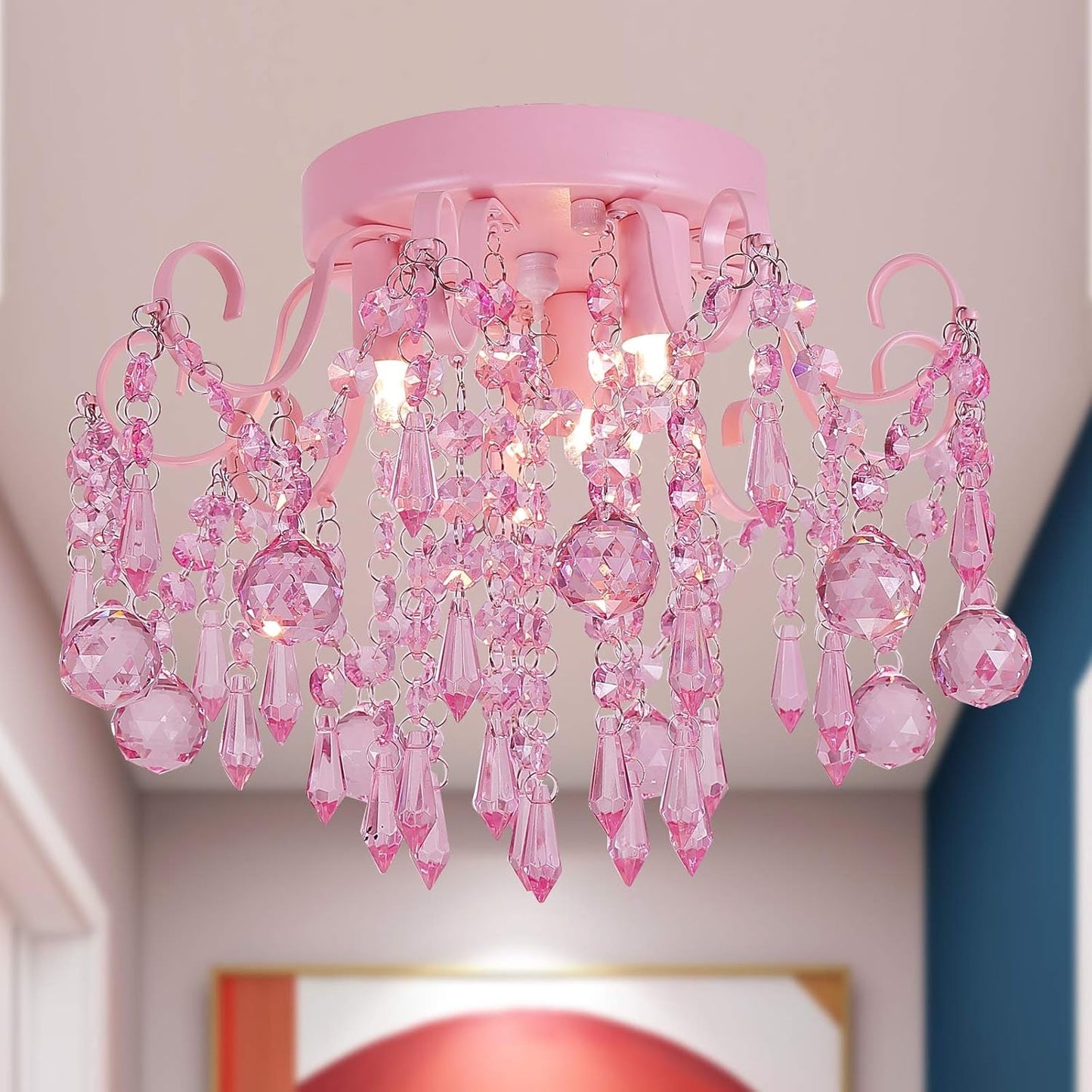Pink Crystal Mini Chandelier 3 Light Semi Flush Mount with sparkling pink crystals and elegant design for small spaces.