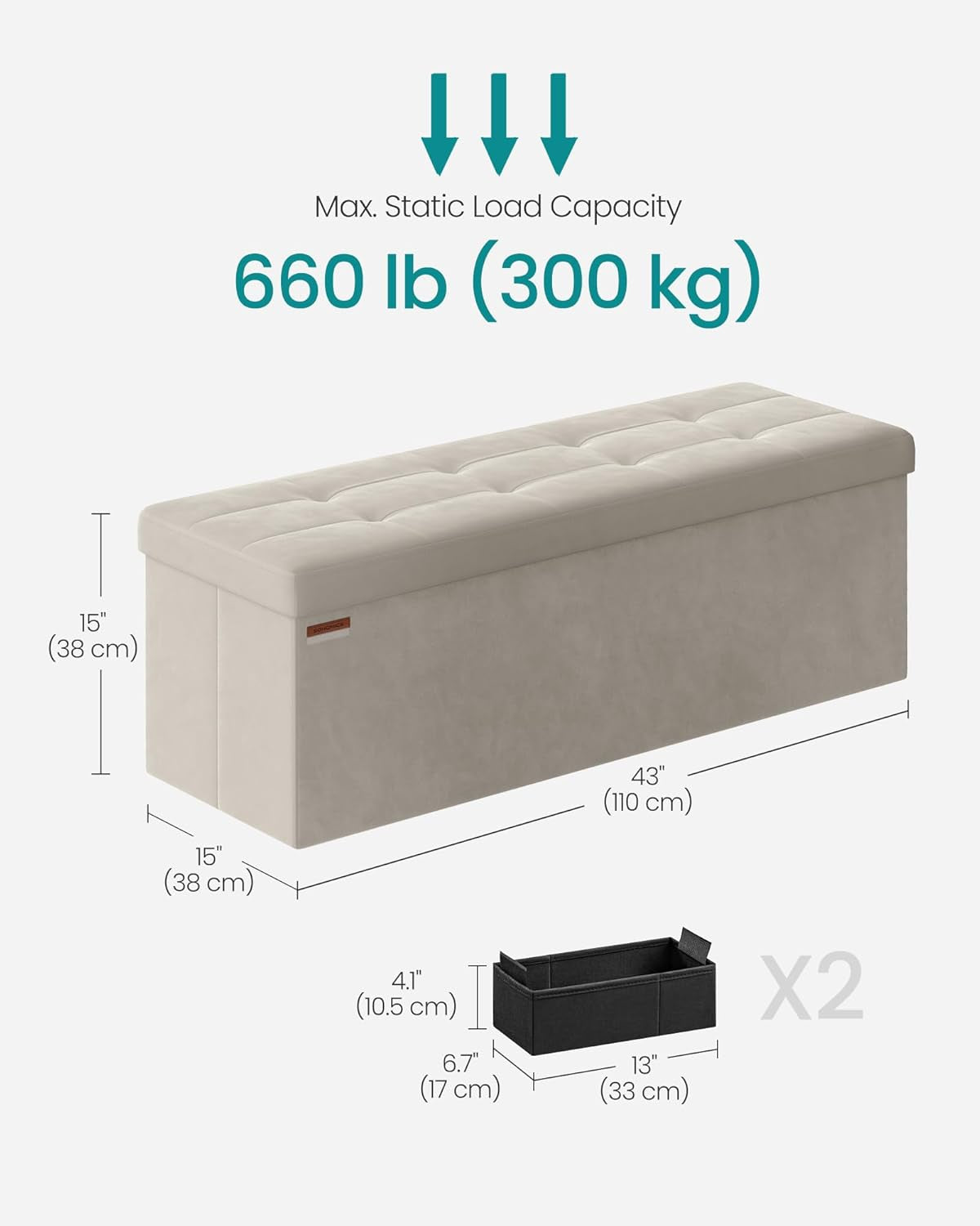 Cream White Storage Ottoman Bench Foldable 15x43x15