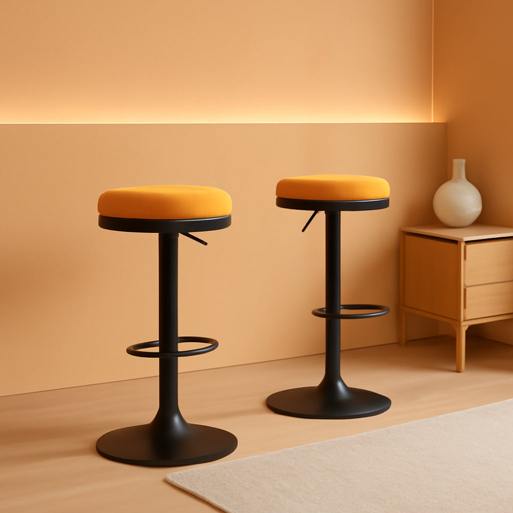 Yellow Fabric Swivel Bar Stool Set Of 2 Height Adjustable in a modern interior setting.