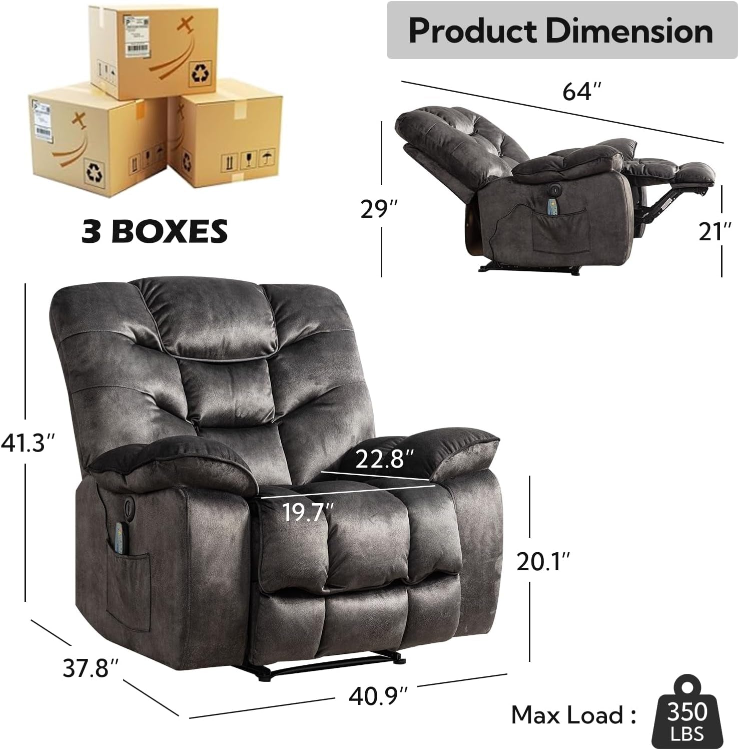 Oversized 41 Inch Power Recliner With Massage And Heat product dimensions and specifications, including box count and maximum load.