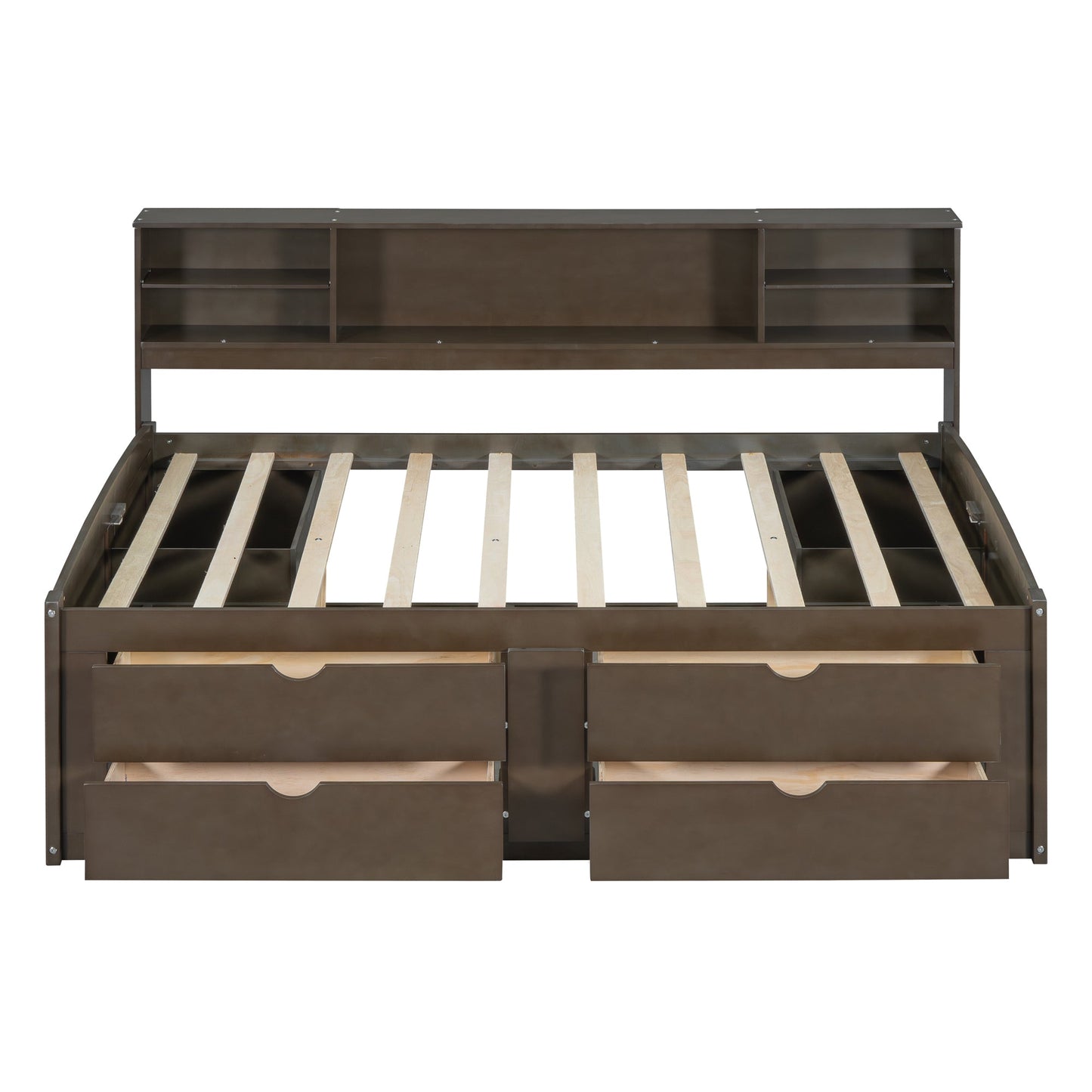 Full Size Wood Daybed with 2 Bedside Cabinets, Upper Shelves and 4 Drawers, Antique Brown