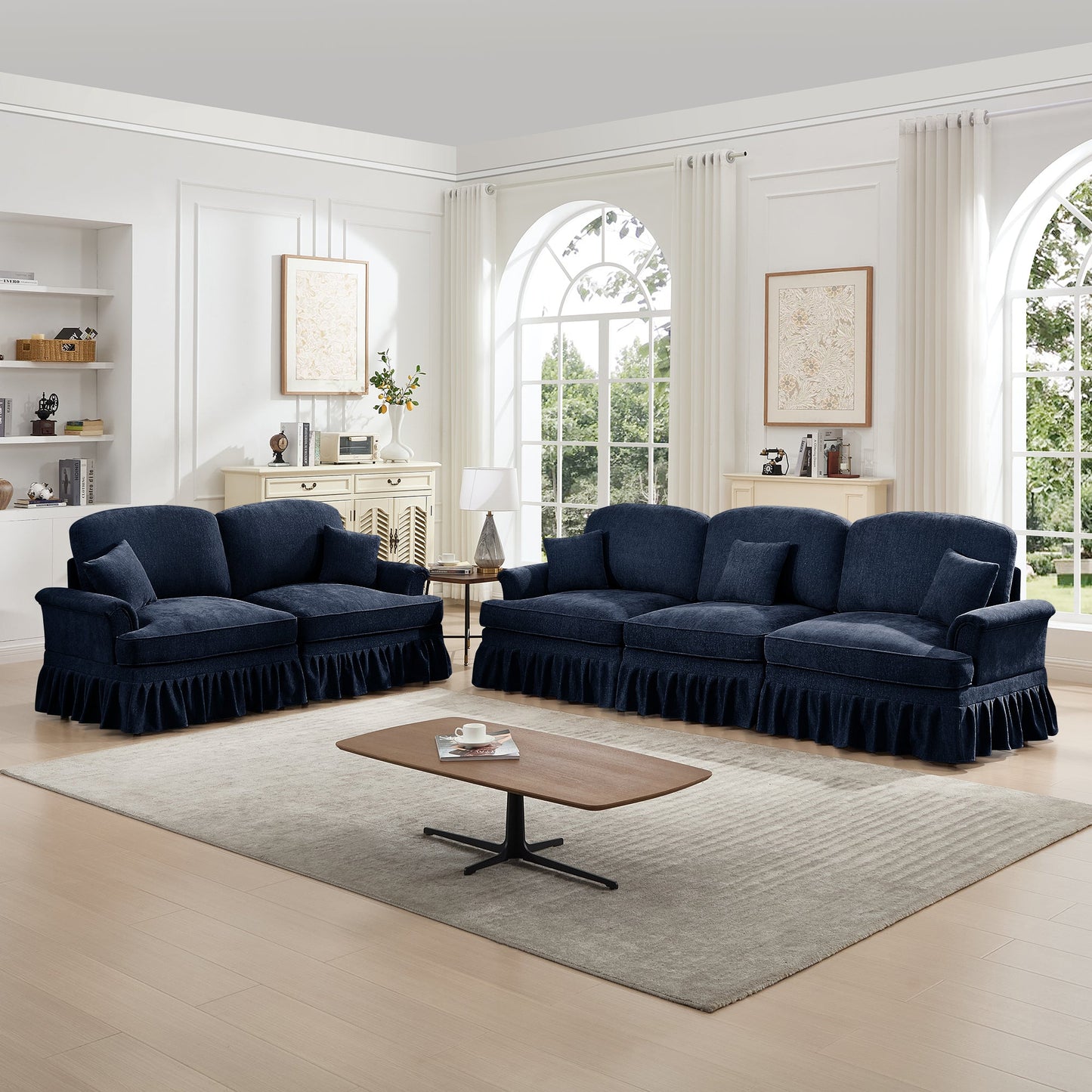 Classic 2 Piece Modular Couch Living Room Sofa Set with Flared Arms and Removable Ruffles Pleats Skirts and Spindle Legs, 3 Seater Sofa + 2-Seat Loveseat Sofa Sets for Living Room, Blue
