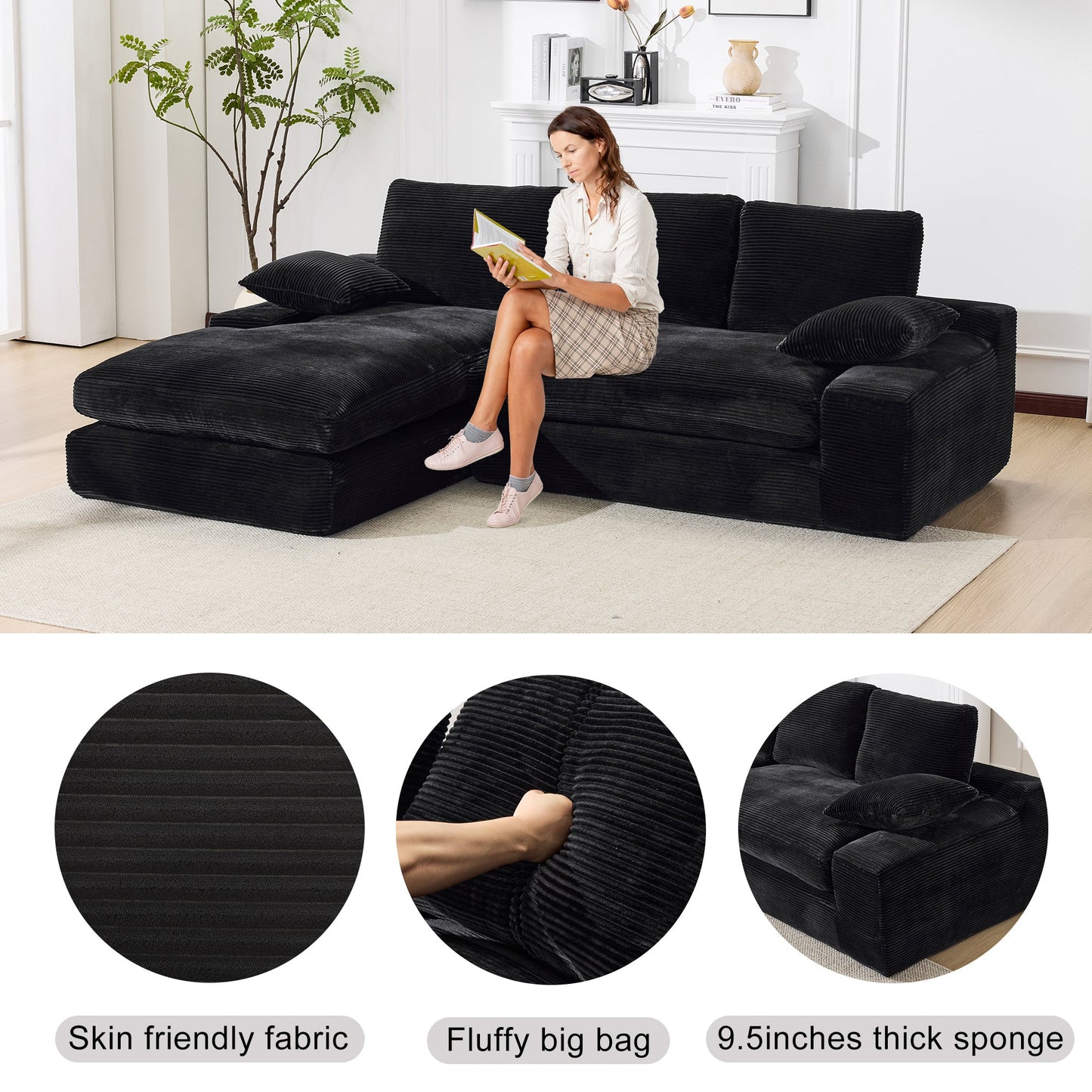 99*69' Modular Sectional Living Room Sofa Set, Modern Minimalist Style Couch, Upholstered Sleeper Sofa for Living Room, Bedroom, 2 PC Free Combination, Installation-free Sofa, L-Shape, Black