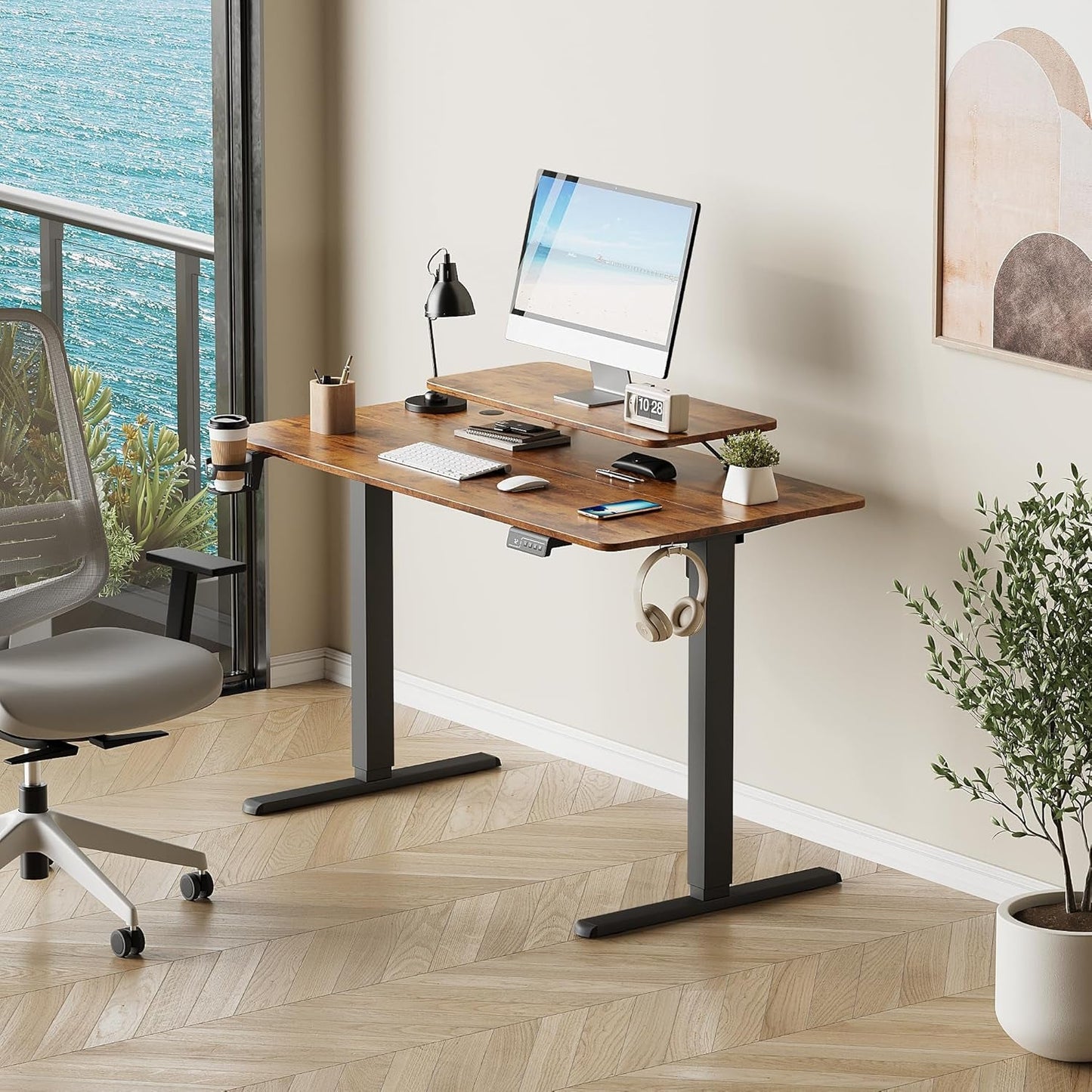 Electric Standing Desk With Monitor Stand 47x24 Brown