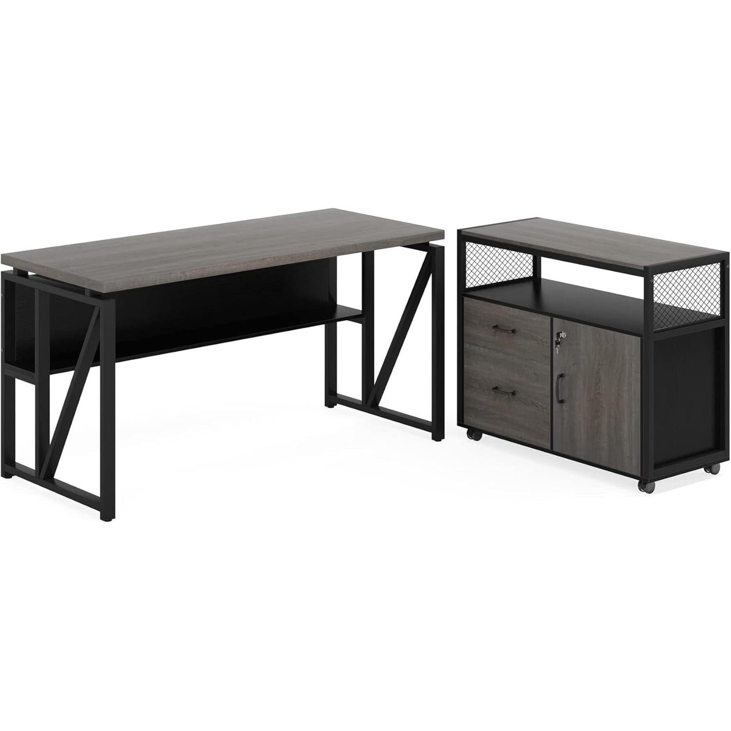 Gray L-Shaped Desk 55 Inch With Storage Cabinet For Office
