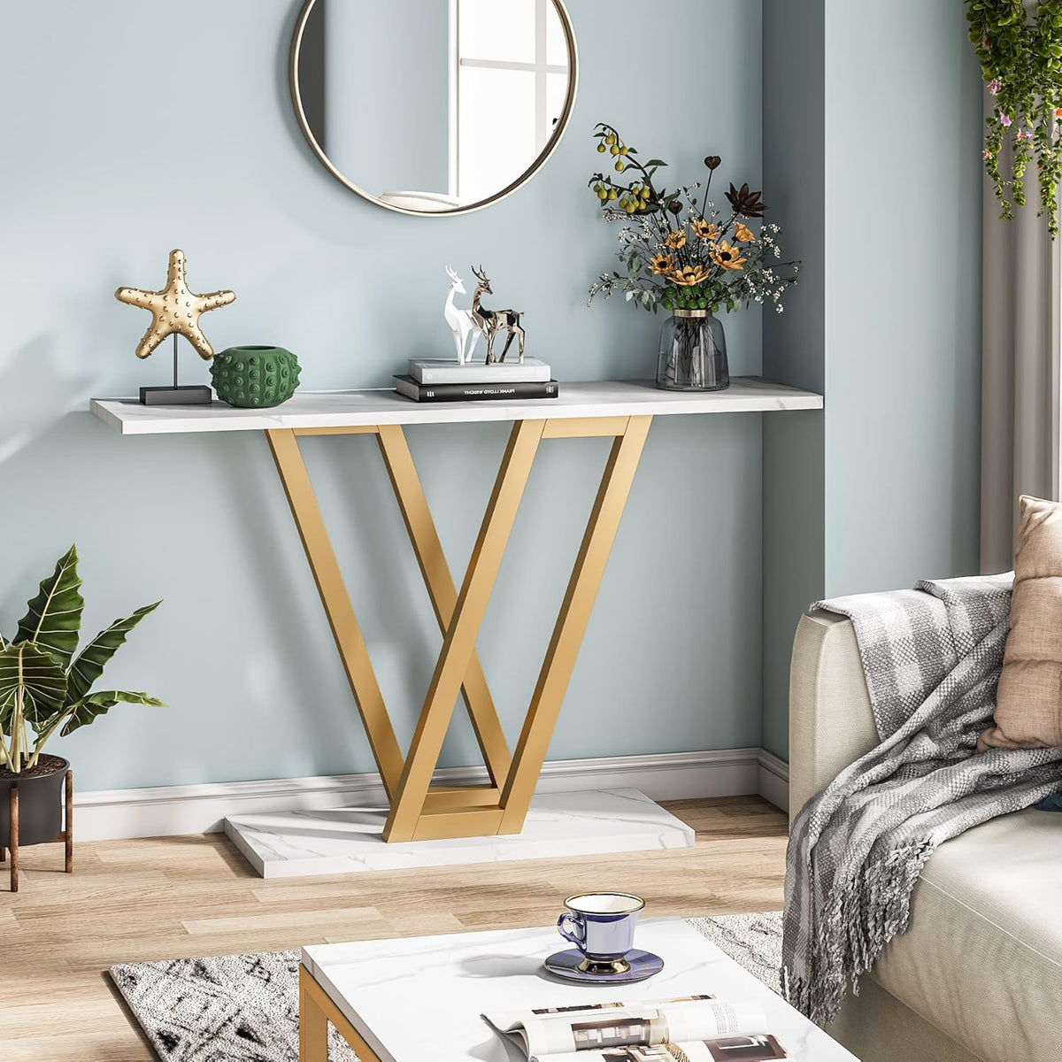 43” Gold Faux Marble Console Table