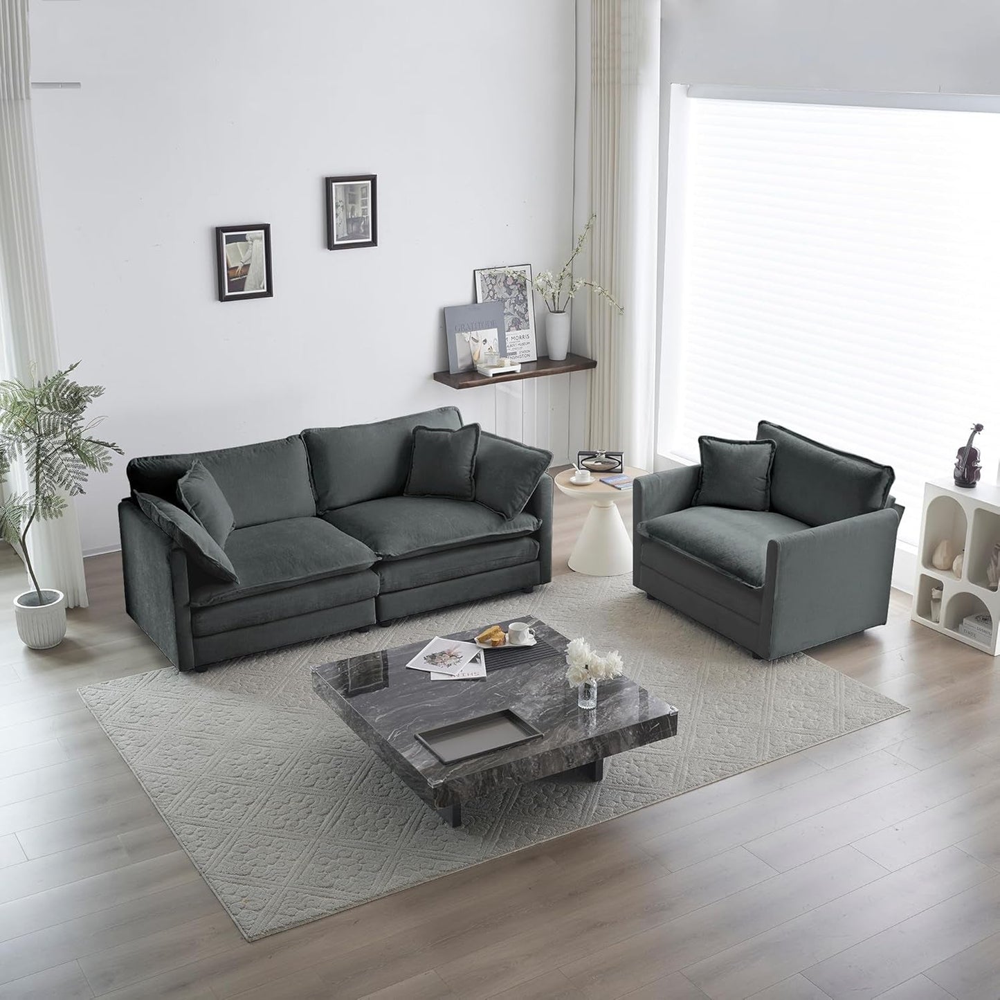 Grey Chenille 2 Piece Loveseat Armchair Set With Pillows