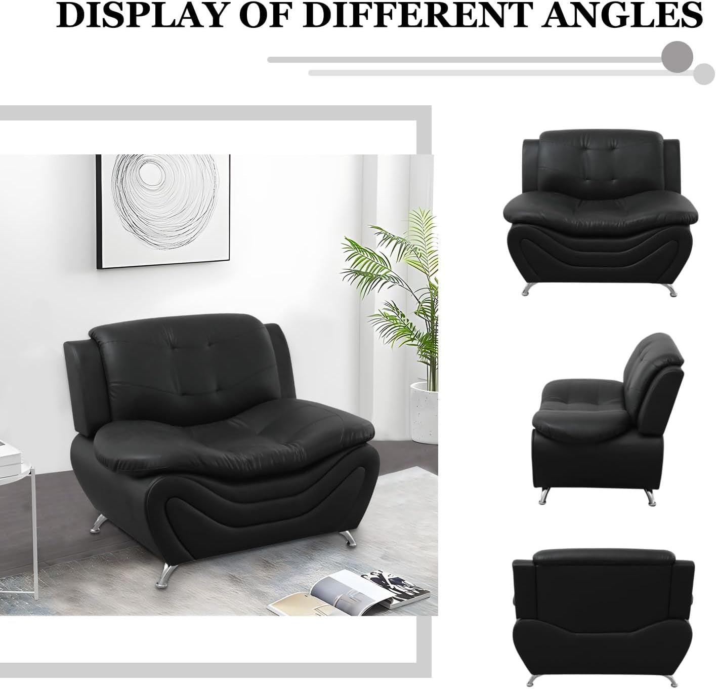 3 Piece Faux Leather Sofa Set For Living Room Black 3 Seater Sofa Loveseat Armchair